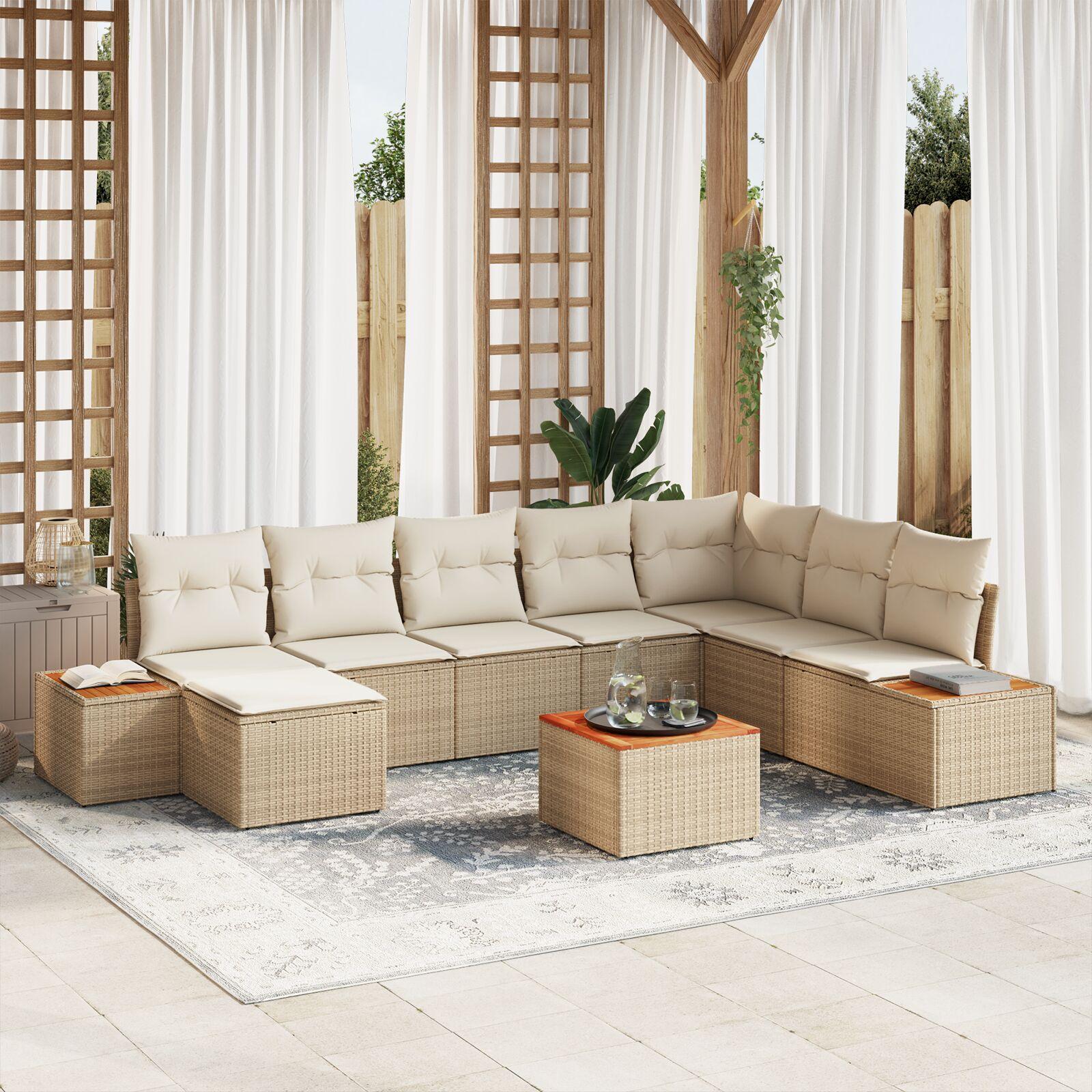 Havesofa sæt i polyrattan - 9 dele, beige, modulopbygget