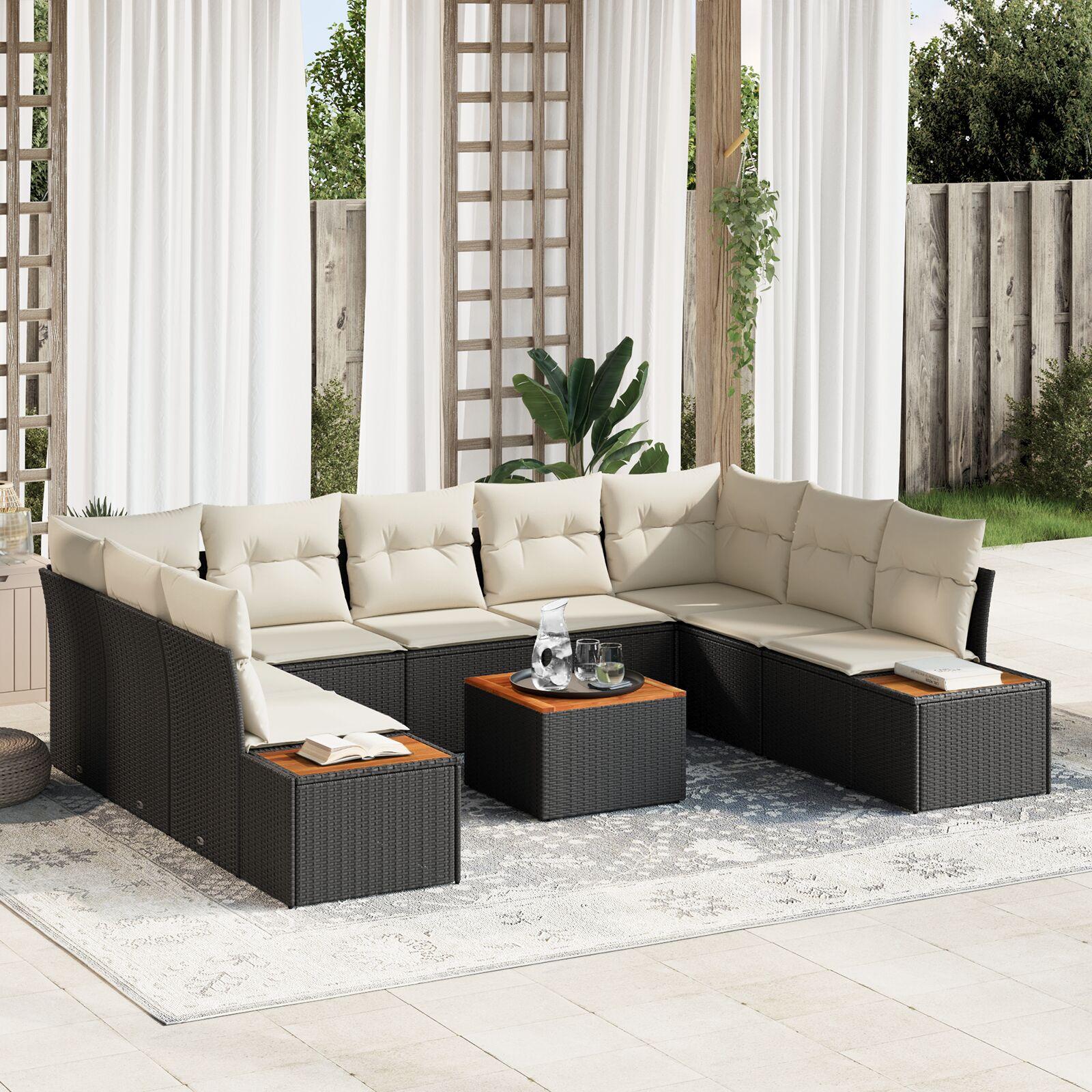Havesofa-sæt i sort polyrattan - 10 dele, modulært loungesæt med puder