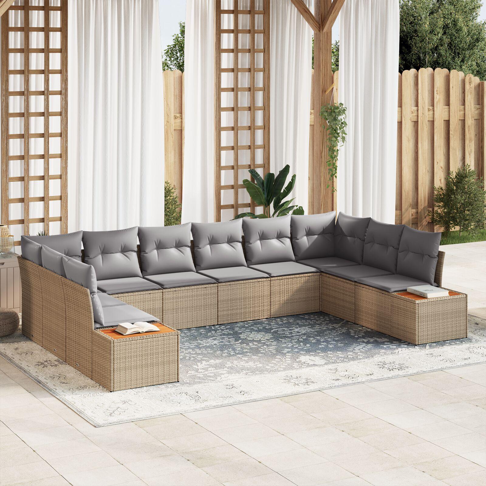 Havesofa sæt med puder - 10-pers. modulsofa i beige polyrattan