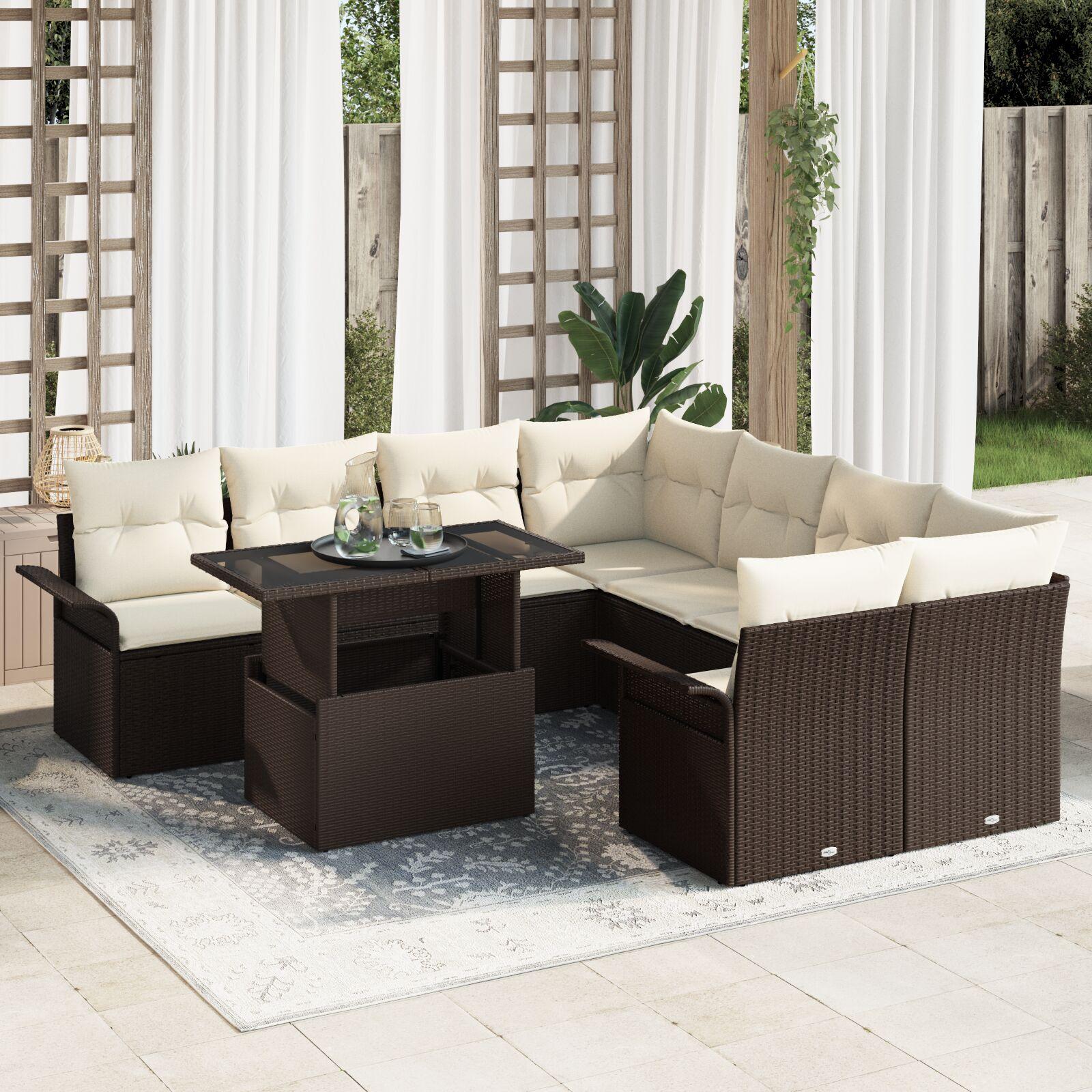 9-piece Have Sofa Sæt Med Puder Brun Poly Rattan