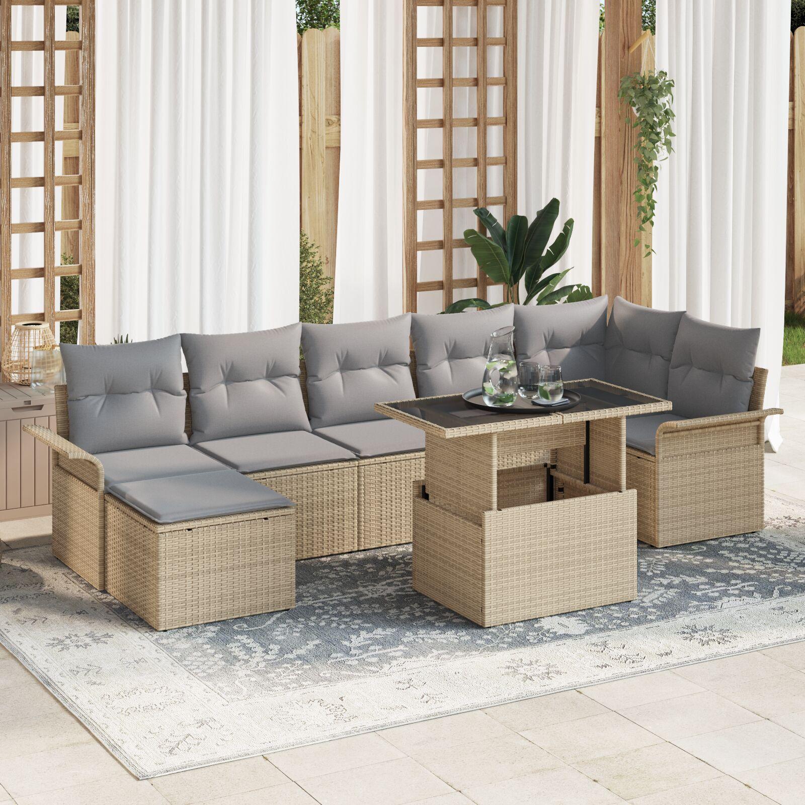 Havesofa Sæt Med Pude 8 Dele Poly Rattan - beige og grå