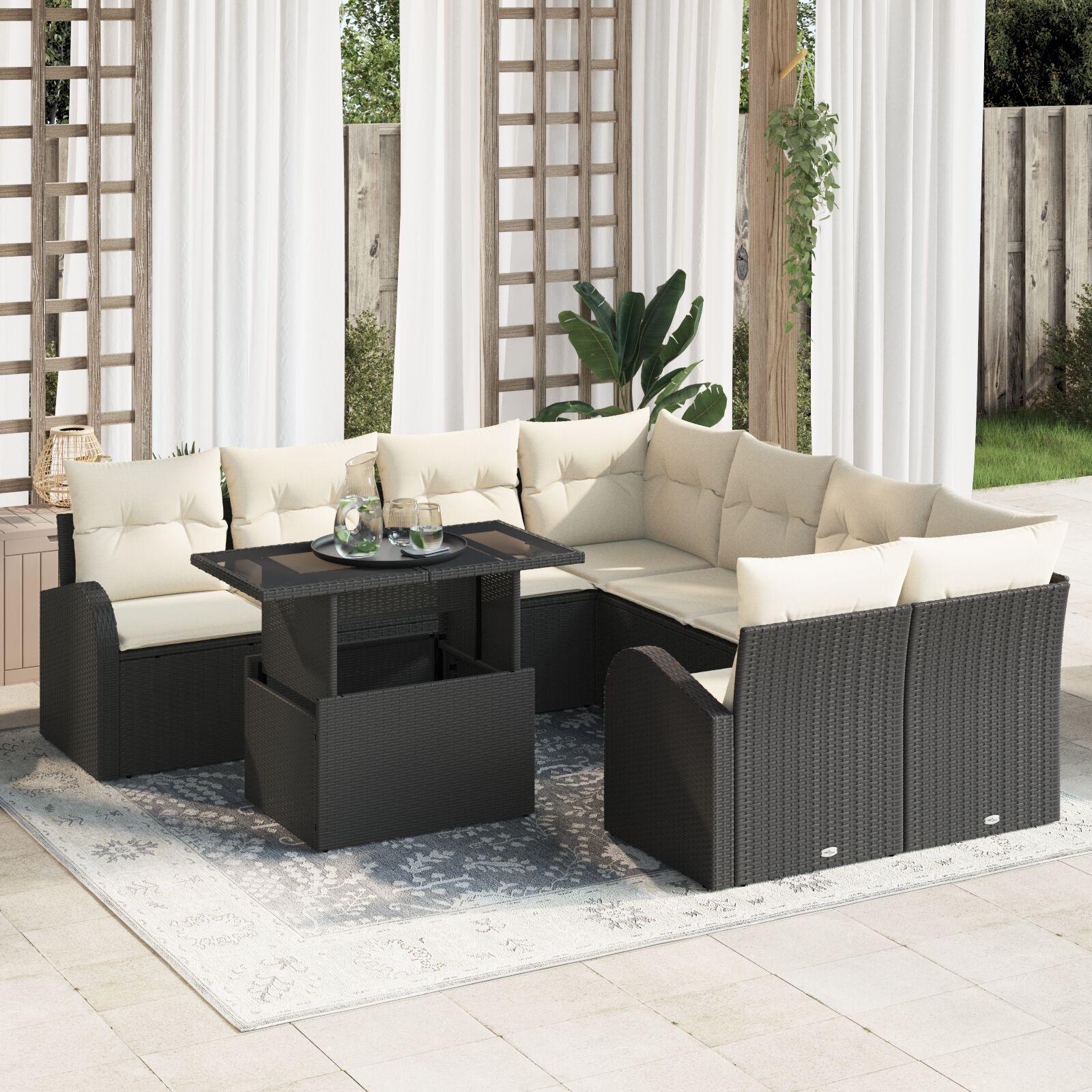 Havesofa sæt med opbevaring - 9 dele i sort polyrattan