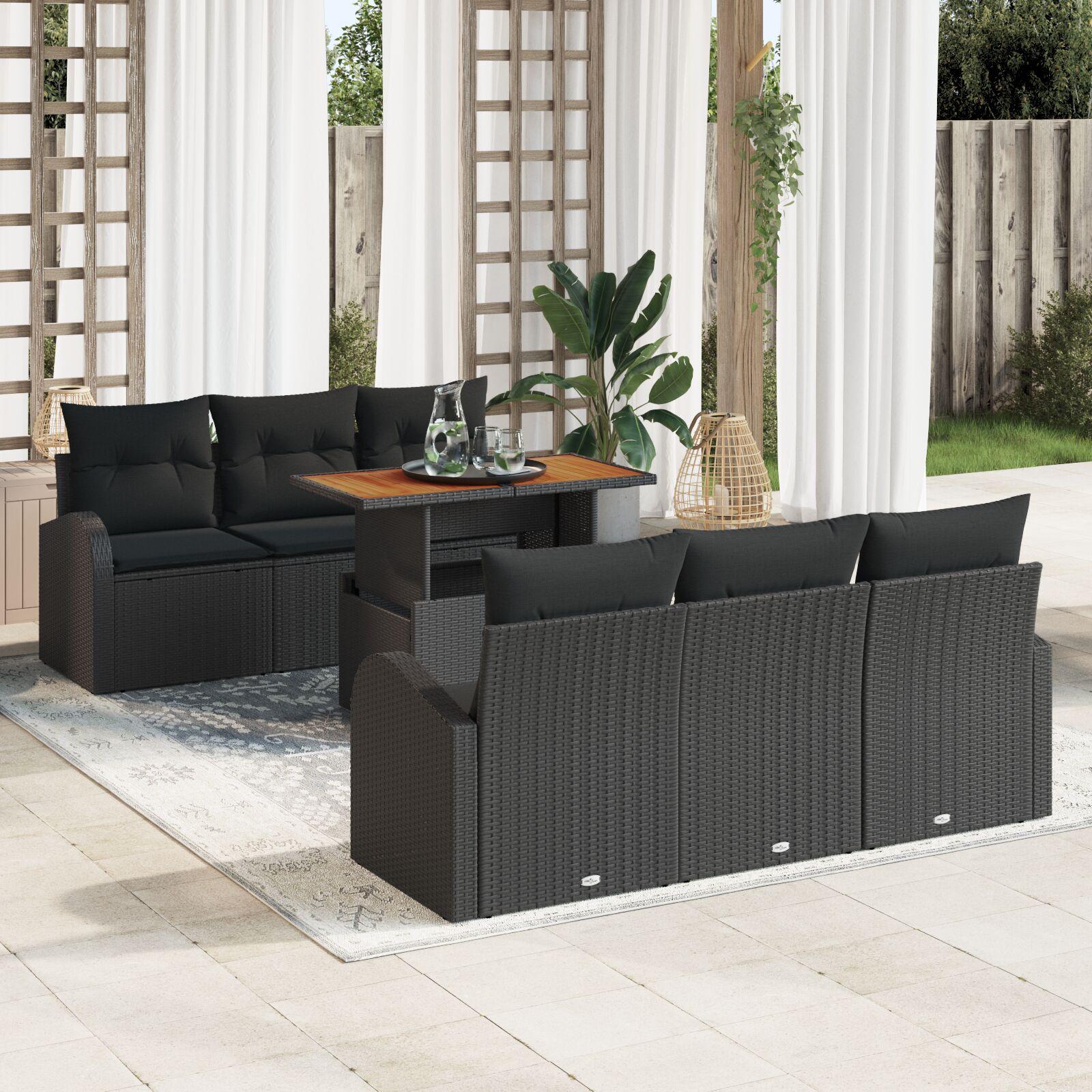 Havesofa sæt med puder 7 dele i sort - polyrattan til terrasse