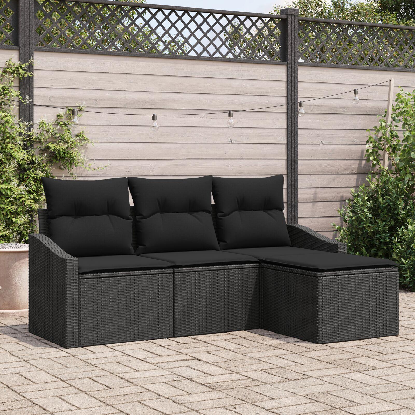 Havesofa Sæt 4 stk Sort Poly Rattan og pulverlakeret stål