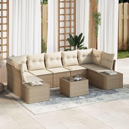 8 Deles Havemøbel Sofa Set med Puder Beige Poly Rattan