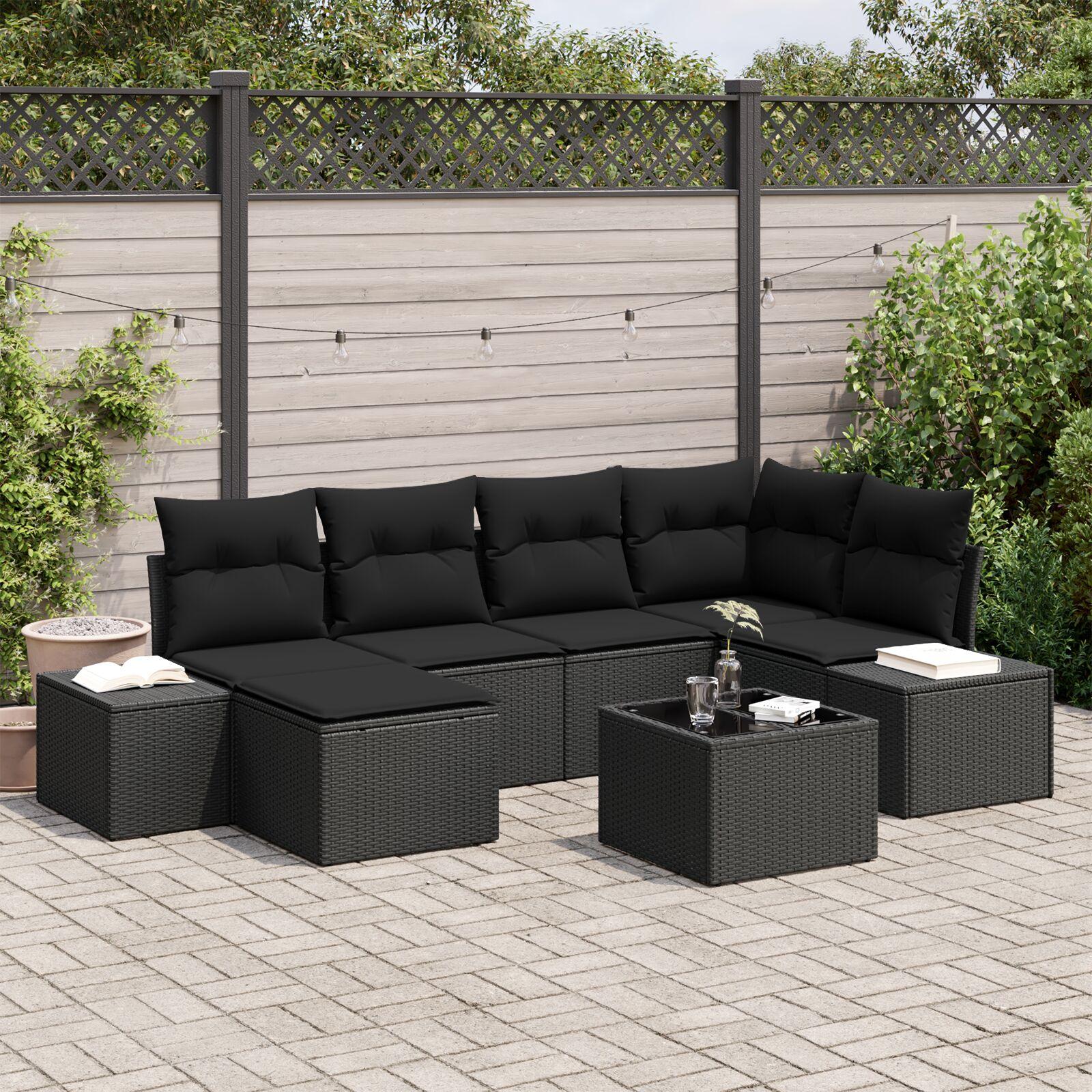 Havesofa Sæt med pude 7 stk Sort 264 x 154 x 85 cm Poly rattan