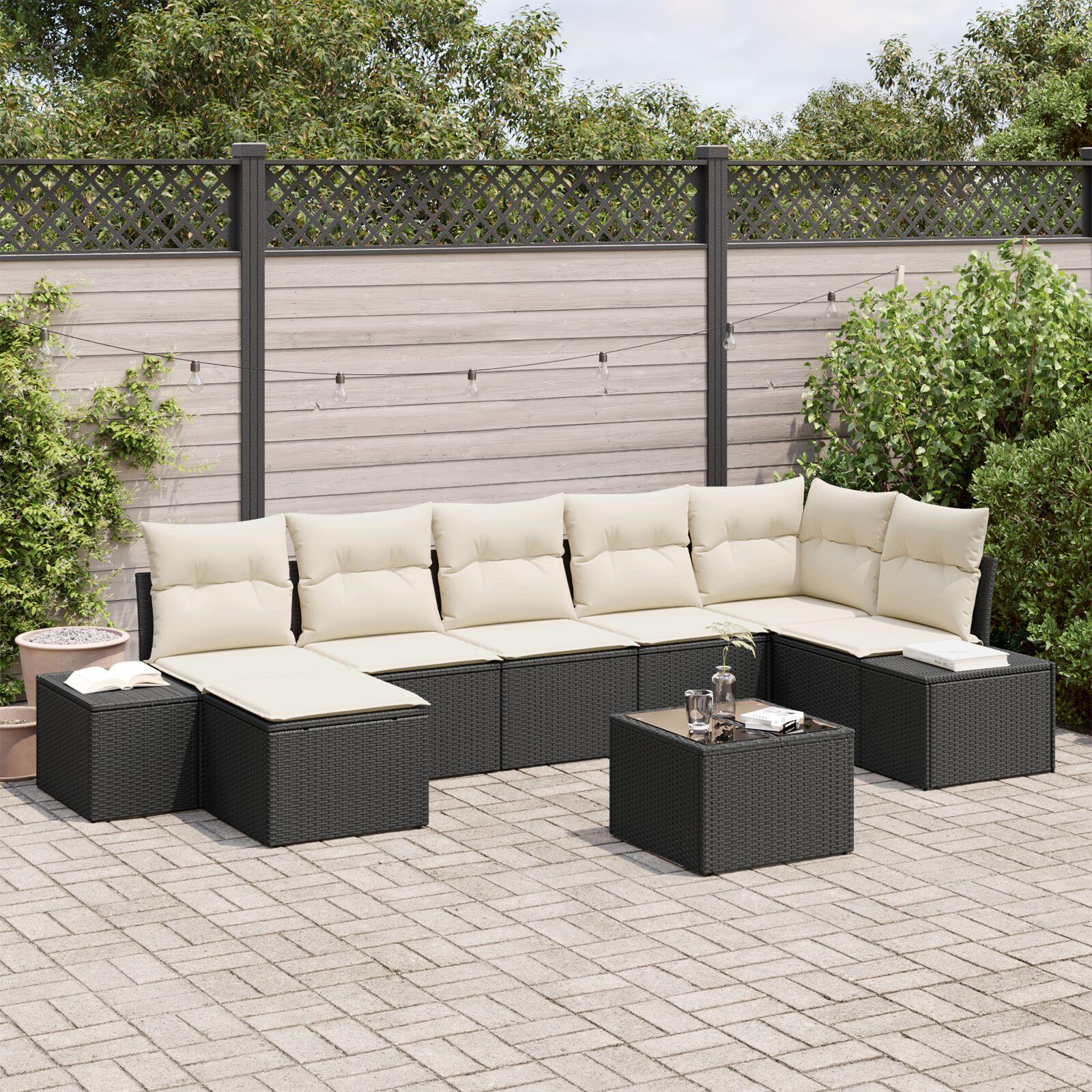 Havesofa Sæt med pude med opbevaring 8 stk Sort Poly rattan