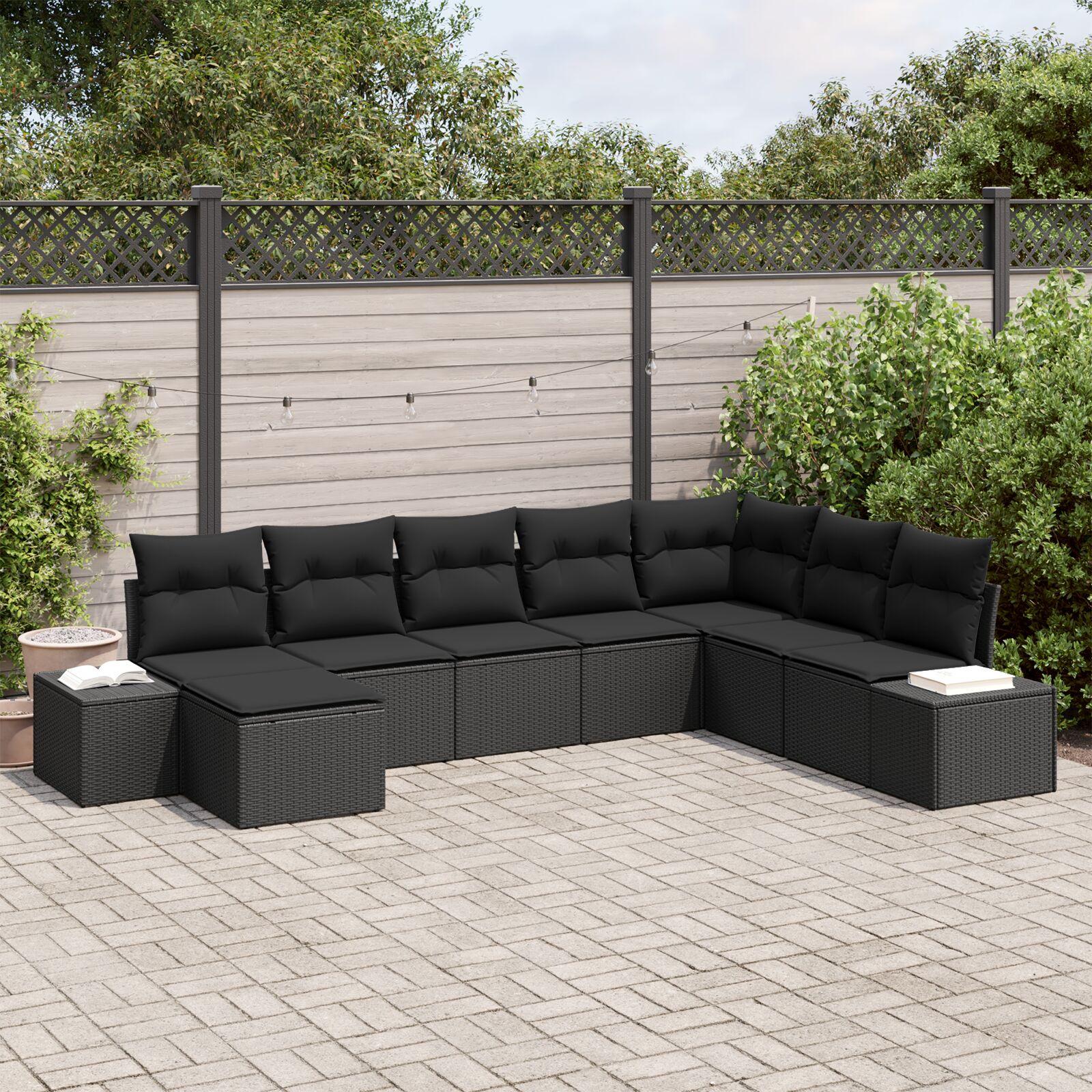 Havesofa sæt med opbevaring - 8 dele i sort polyrattan