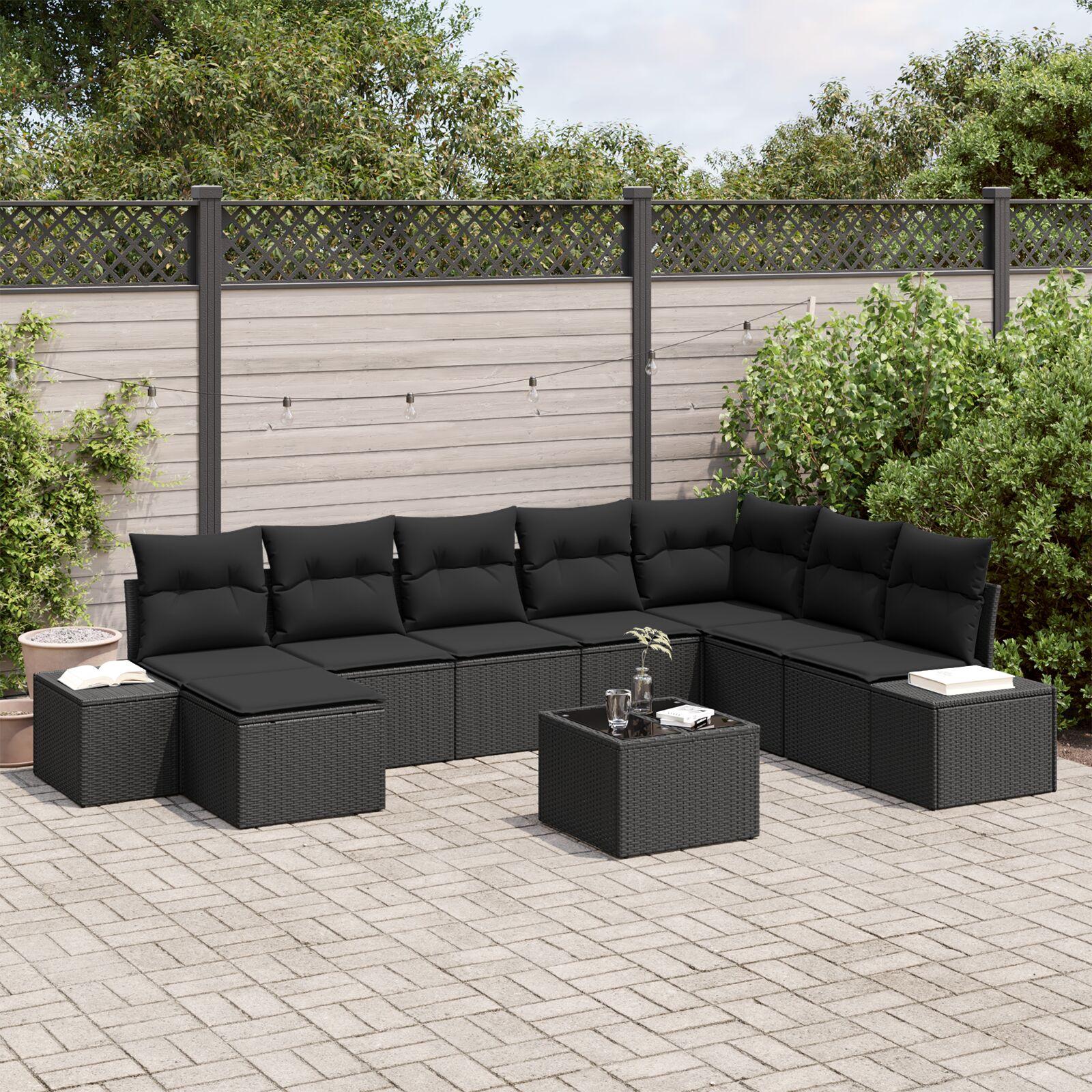 Havesofa-sæt med puder og opbevaring, 8 dele - sort polyrattan