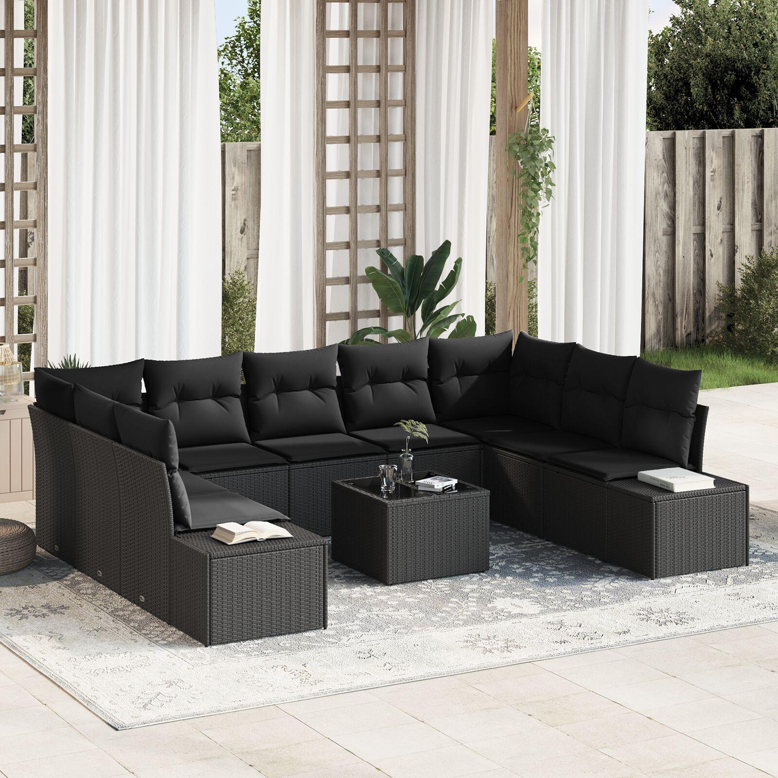 Havesofa Sæt med pude 10 stk Sort 289 x 209 x 85 cm Poly rattan