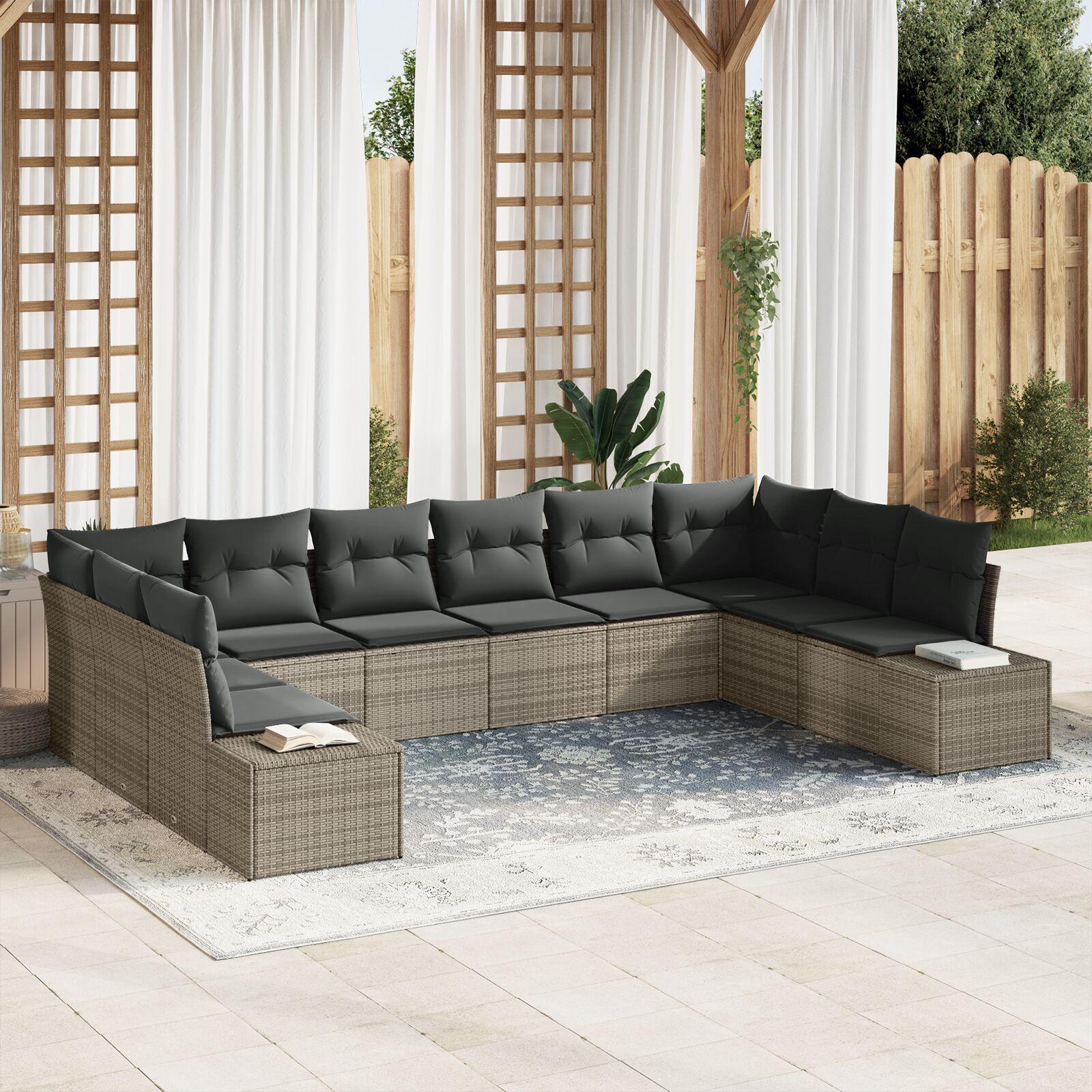 Havesofa Sæt med pude 10 stk Grå 344 x 209 x 85 cm Poly rattan