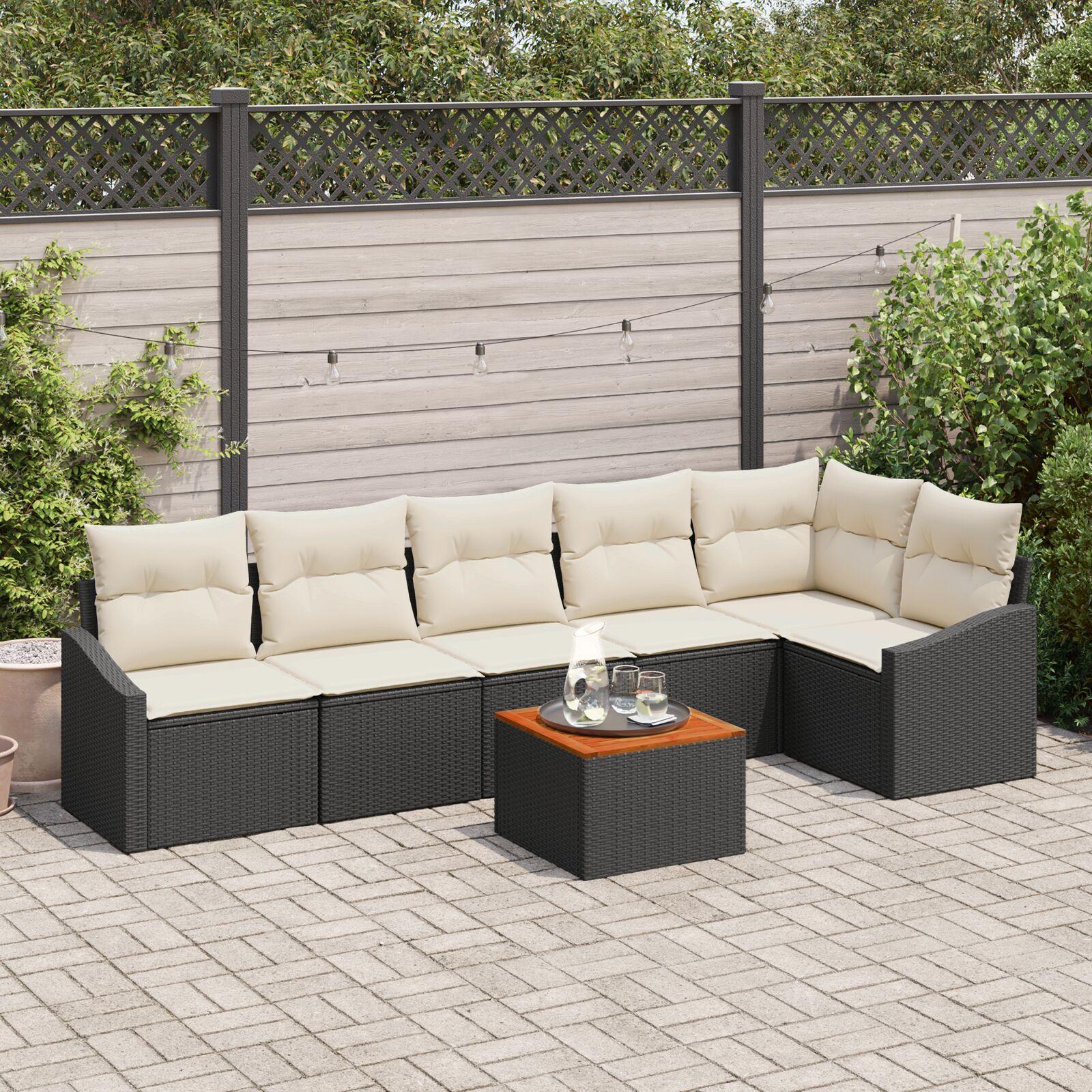 Havesofa sæt med opbevaring - 7 dele i sort/cream polyrattan