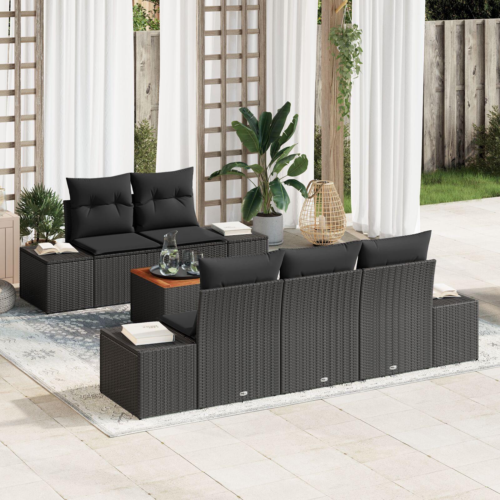 Modulært havesofa-sæt med opbevaring, 6 dele - sort polyrattan