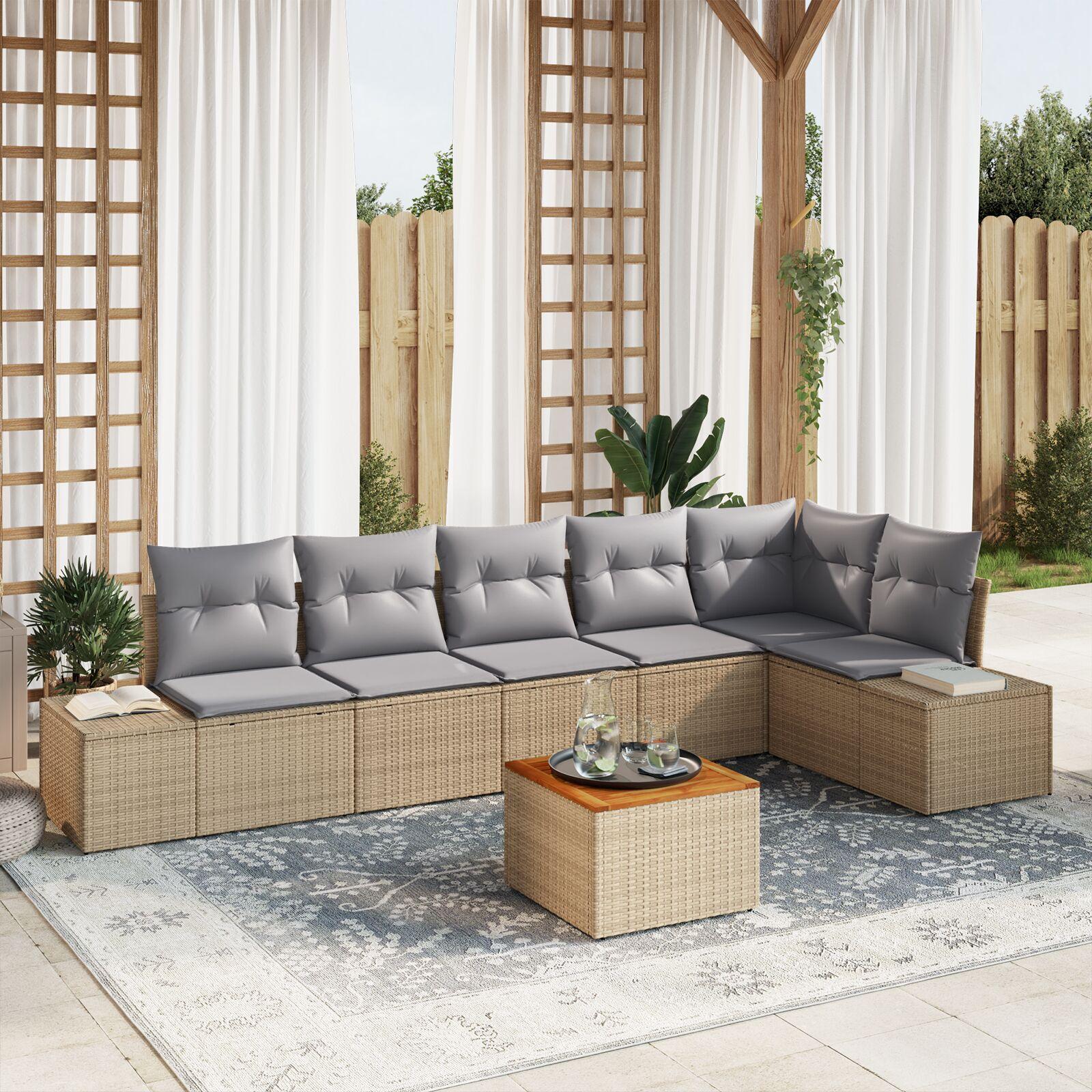 Havesofa Sæt Med Opbevaring 7 Dele Polyrattan - beige og lysegrå
