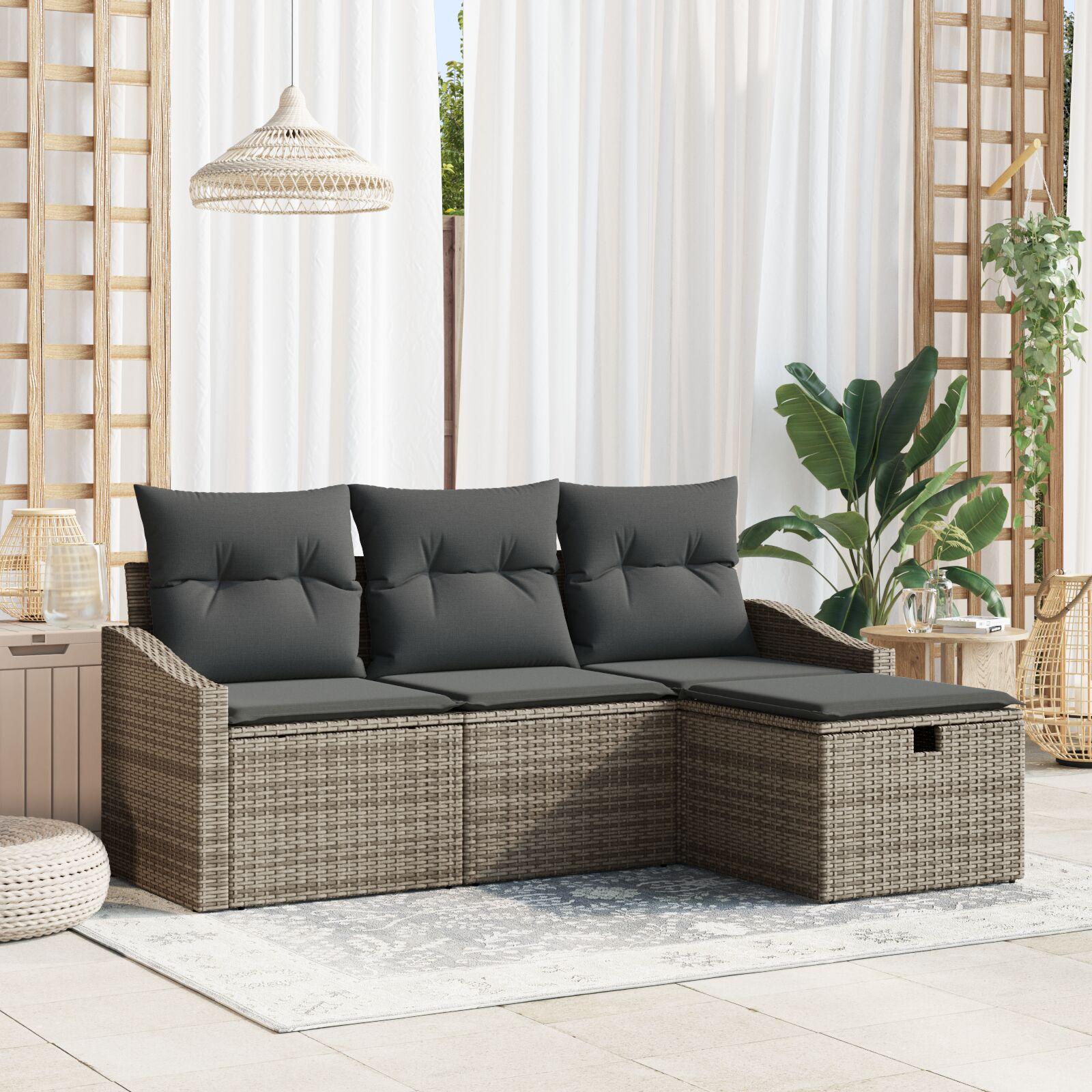 Havesofa Sæt med pude 4 stk Grå Poly rattan