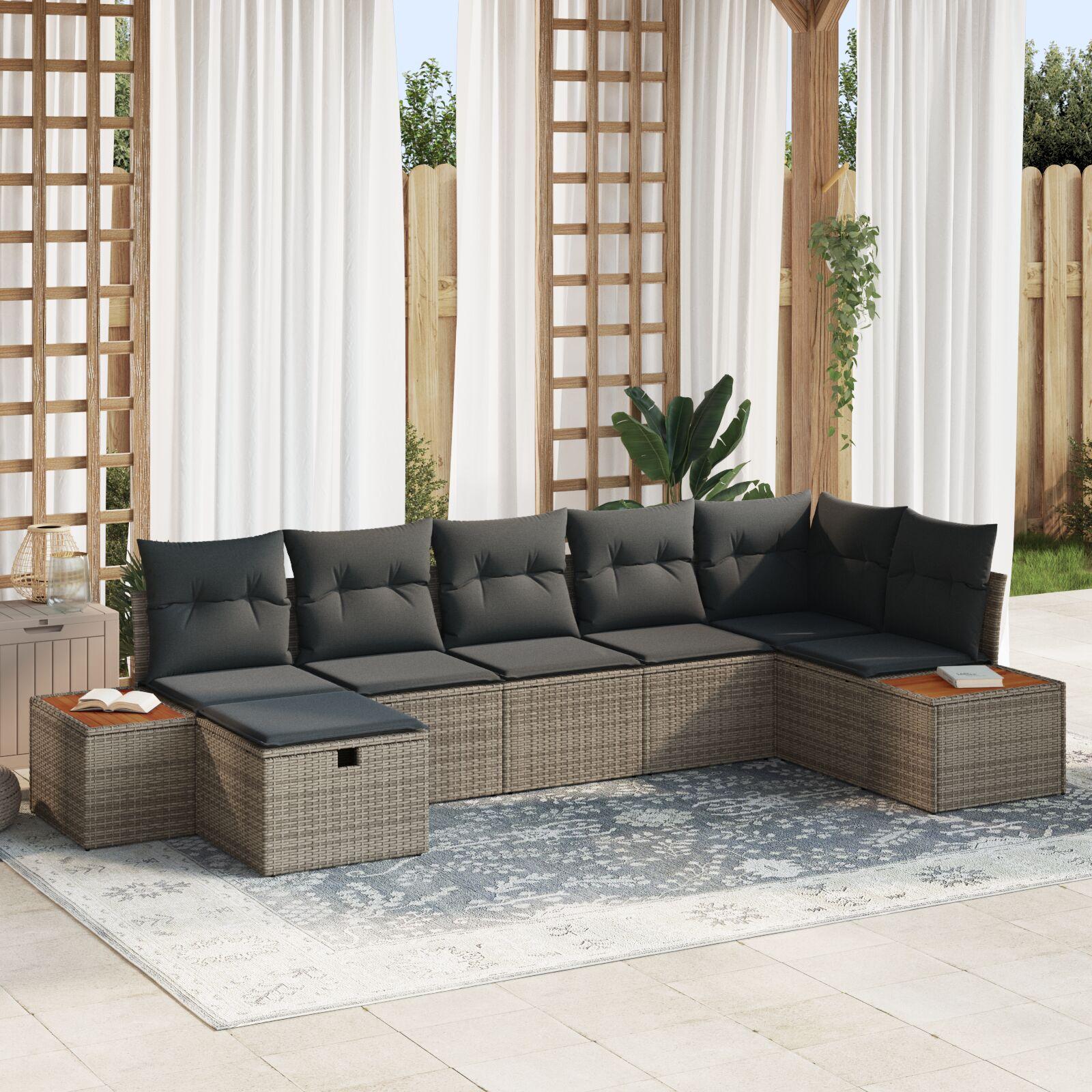 Modulært havesofa-sæt med hynder - 7 pers., grå polyrattan