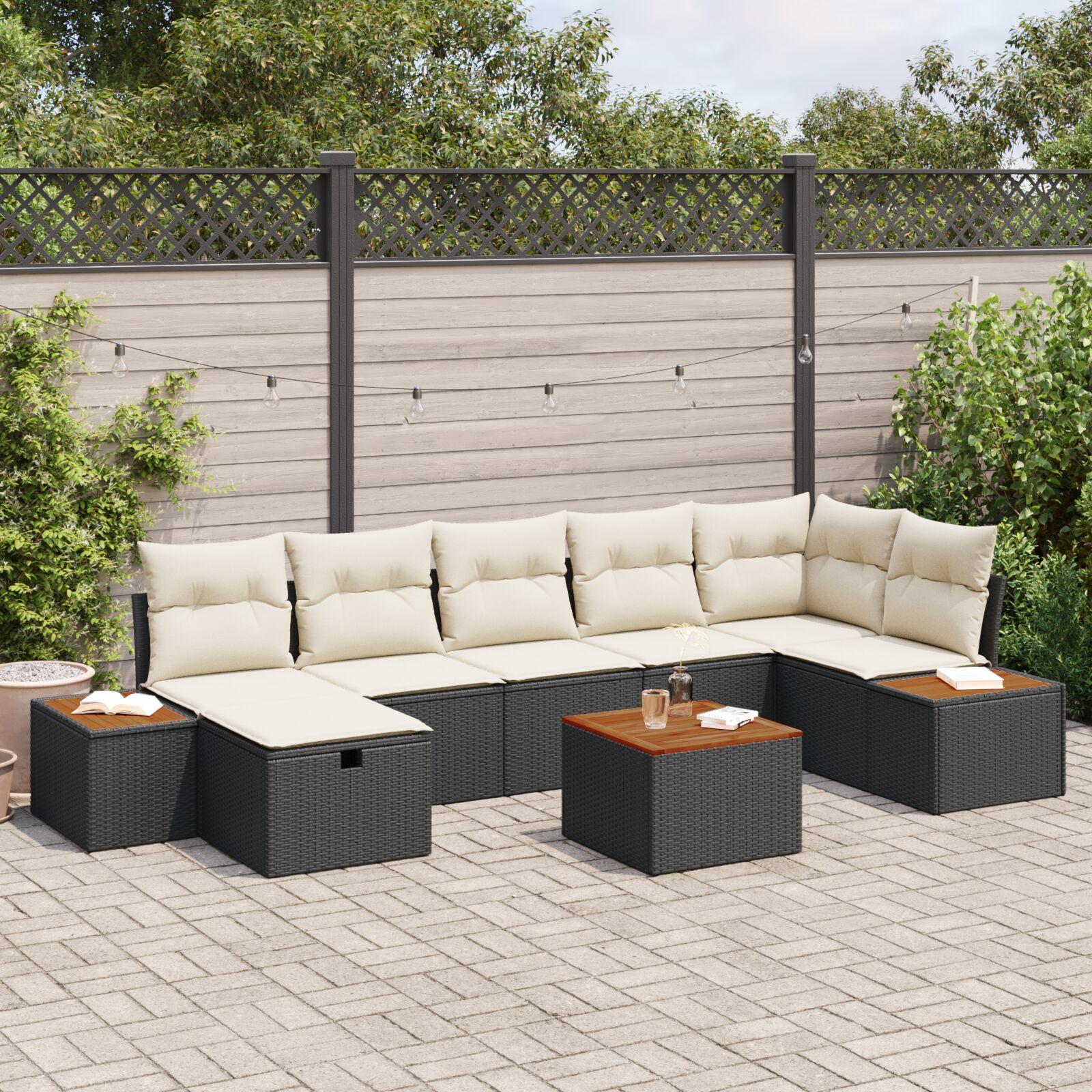 Havesofa sæt i sort polyrattan - modulært loungesæt med puder, 8 dele