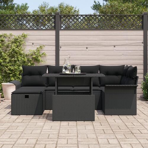 7 Piece Garden Sofa Set med Puder Sort Poly Rattan