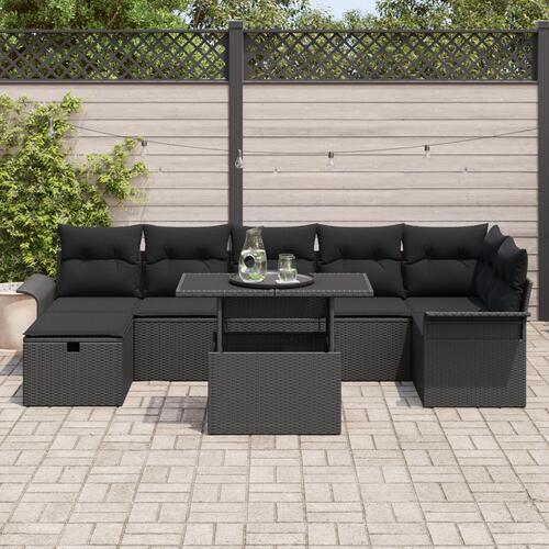 8-Personers Have Sofa Sæt med Puder Sort Poly Rattan