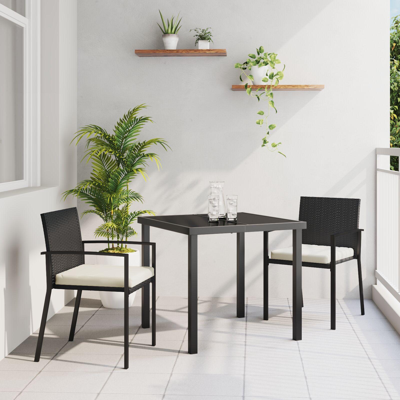 Have spisebordssæt 3 dele - sort, pulverlakeret stål og polyrattan