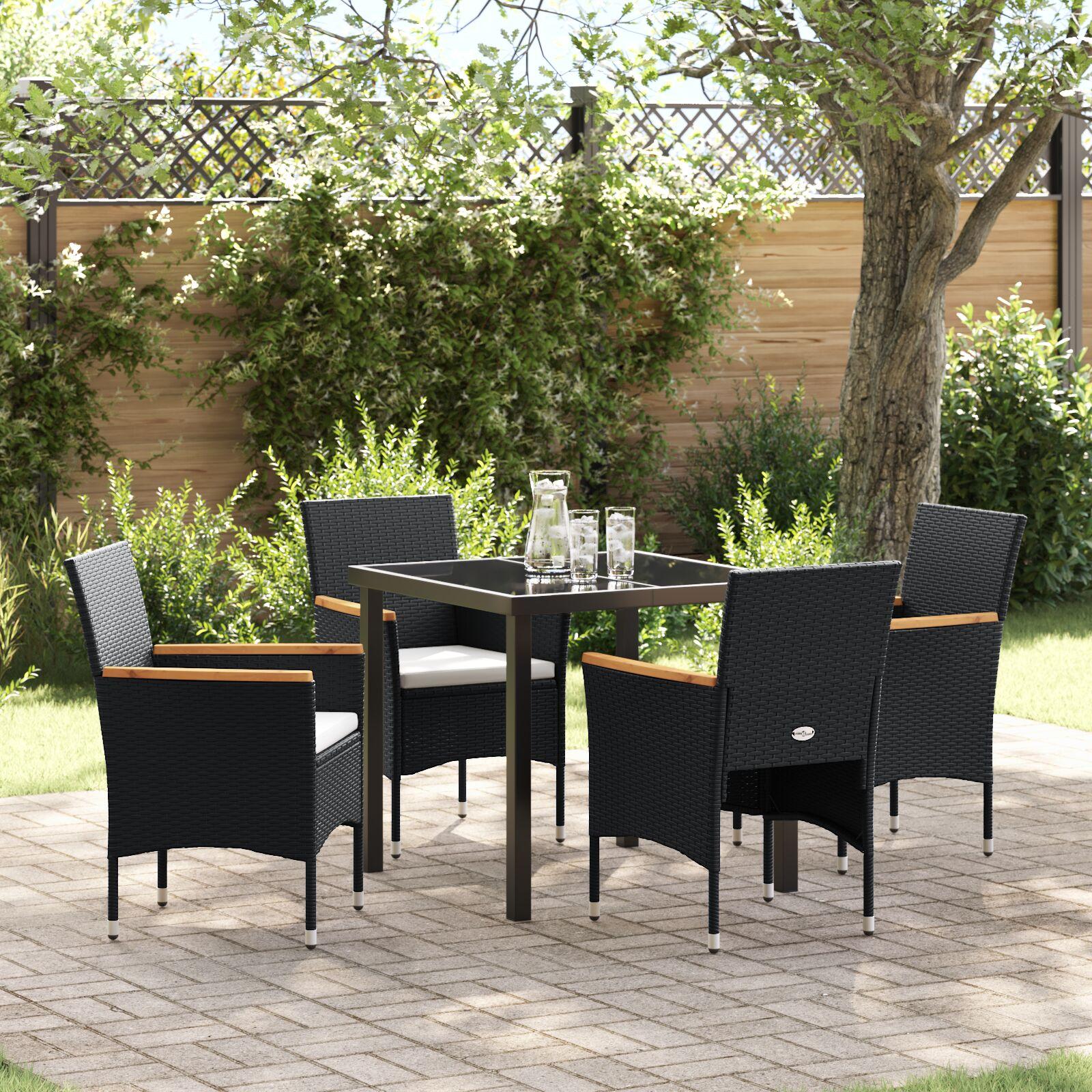 Have spisebordssæt i sort polyrattan med hynder - 5 dele