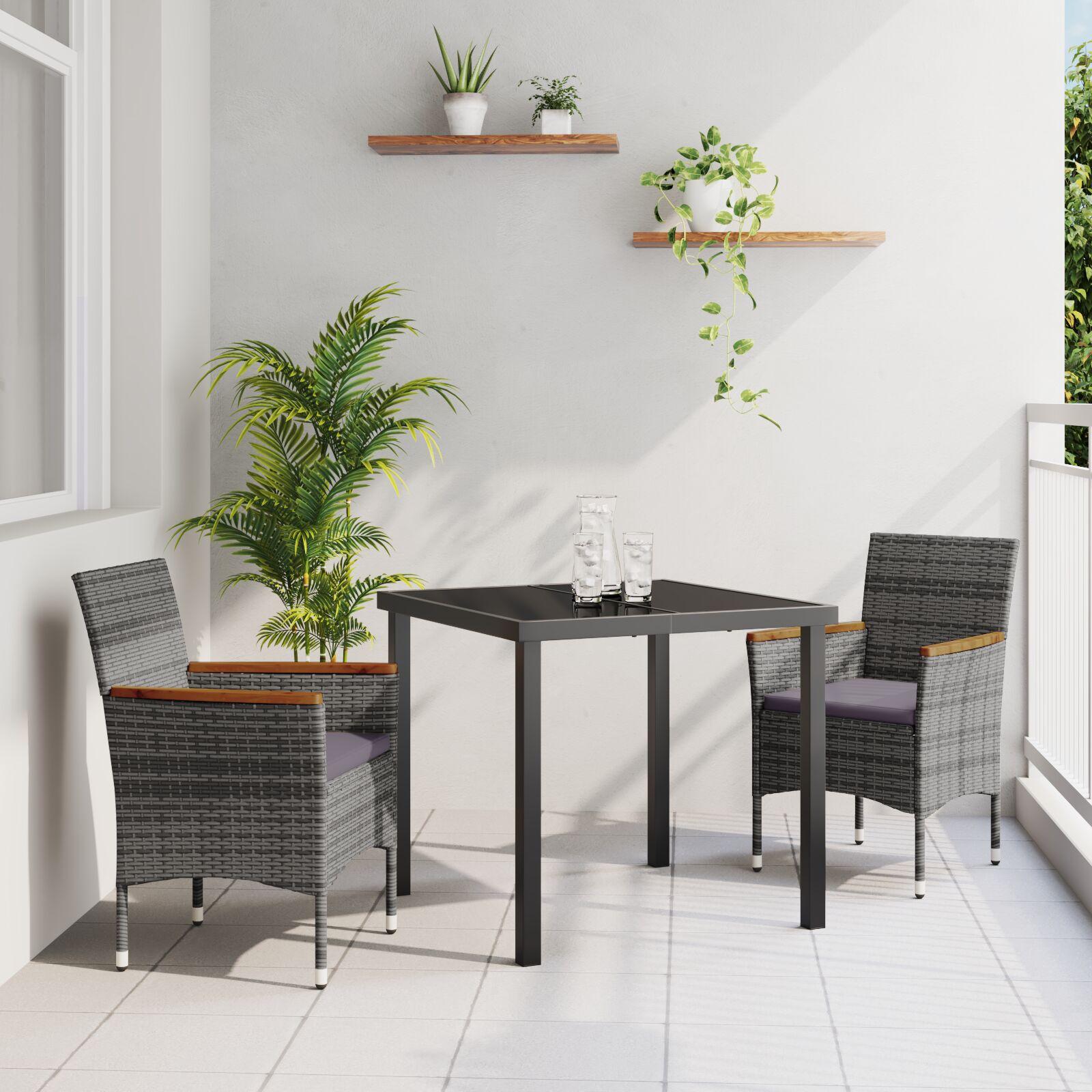 Have spisebordssæt med puder - 3 dele i grå polyrattan