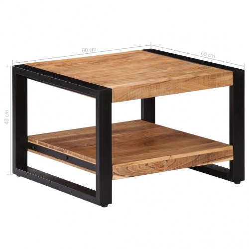 Sofabord 60×60×40 cm i massivt akacietræ - industrielt design med hylde