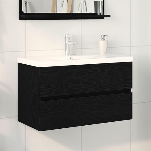 Vaskeskab med Indbygget Vask Sort Eg Konstrueret Træ, Vaskeskab Sort Eg 80x38.5x45 cm Konstrueret Træ