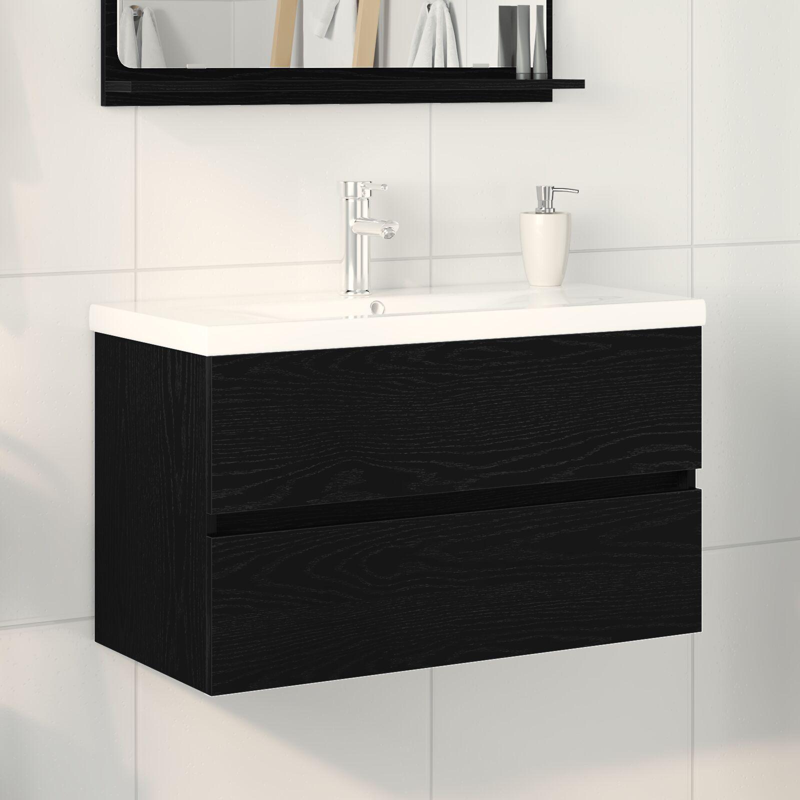 Vaskeskab med Indbygget Vask Sort Eg Konstrueret Træ, Vaskeskab Sort Eg 80x38.5x45 cm Konstrueret Træ