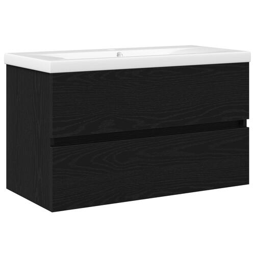 Vaskeskab med Indbygget Vask Sort Eg Konstrueret Træ, Vaskeskab Sort Eg 80x38.5x45 cm Konstrueret Træ