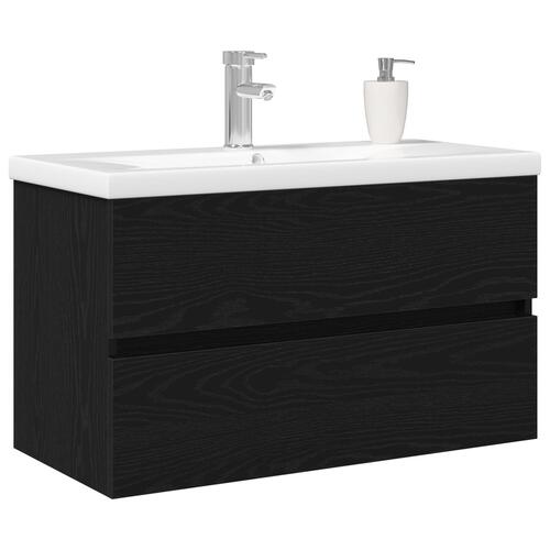 Vaskeskab med Indbygget Vask Sort Eg Konstrueret Træ, Vaskeskab Sort Eg 80x38.5x45 cm Konstrueret Træ