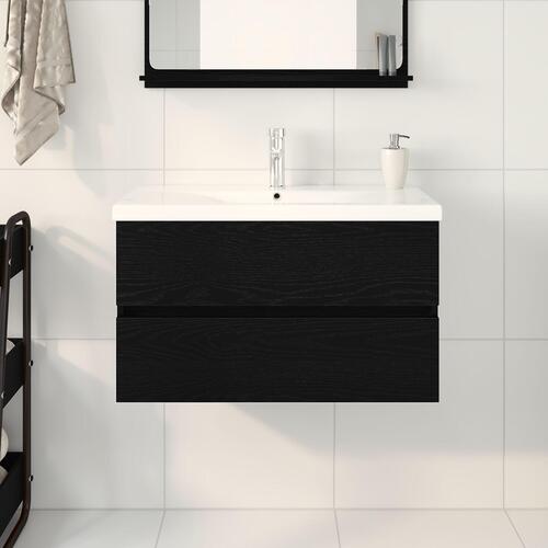Vaskeskab med Indbygget Vask Sort Eg Konstrueret Træ, Vaskeskab Sort Eg 80x38.5x45 cm Konstrueret Træ
