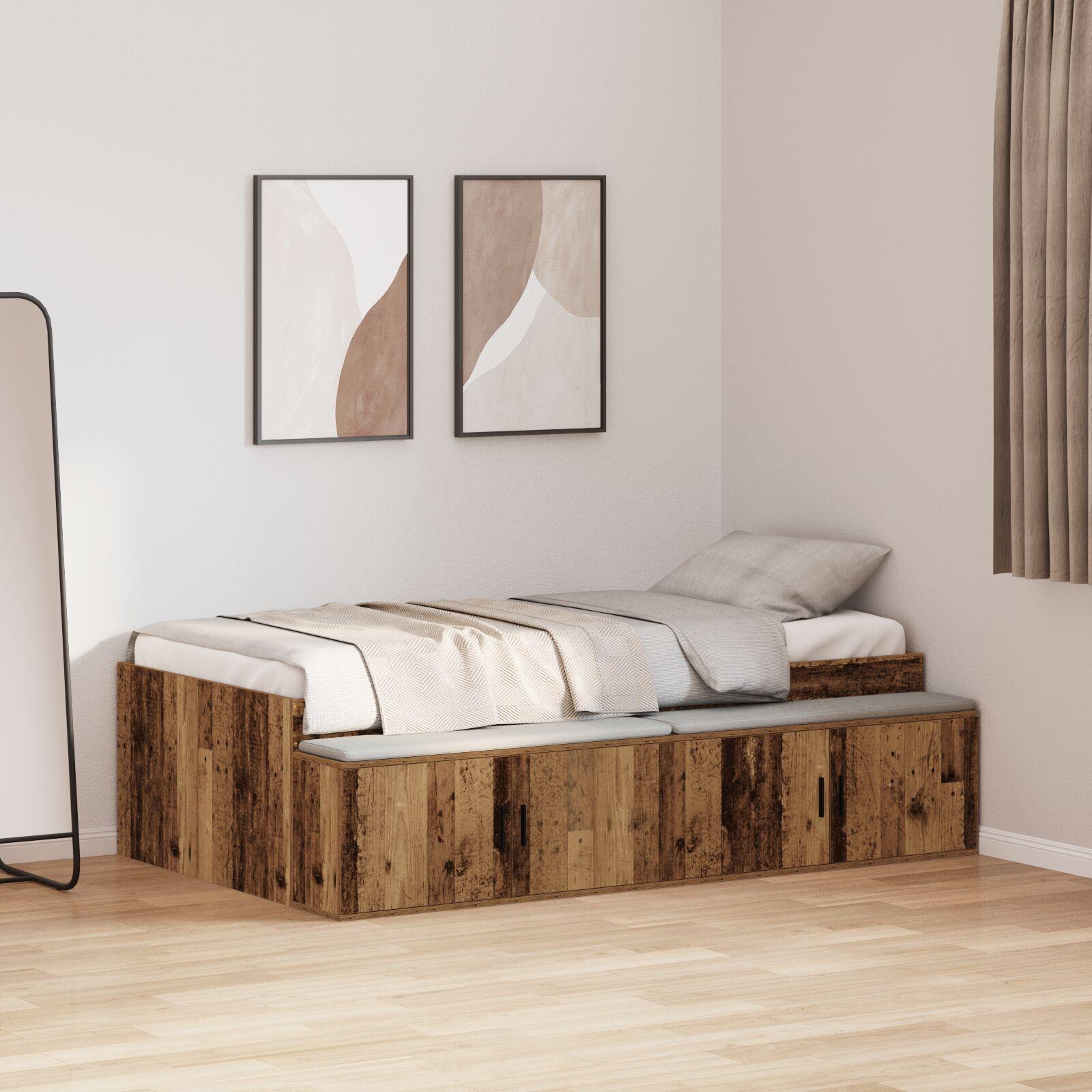 Sengestel med skuffer - gammelt træ look 70 x 190 cm, konstrueret træ