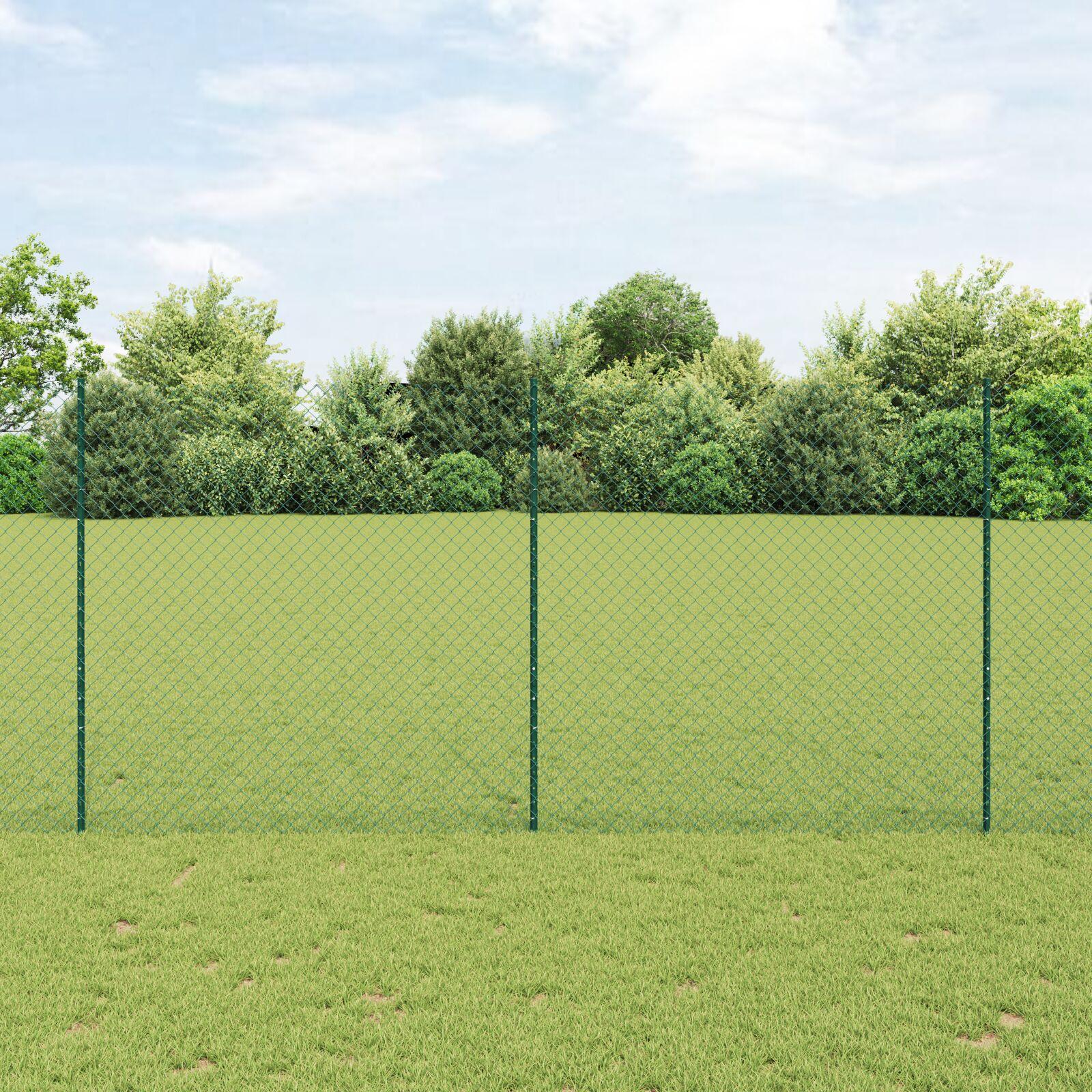 Kæde-link hegn 10 × 1,5 m - PVC-belagt stål, grøn mesh med stolper