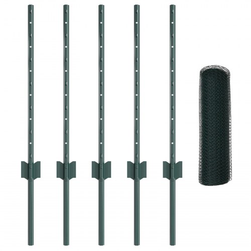 Hegn Stolper 5 stk U-Kanal Grøn 60 cm Stål, Hexagon Hegn Grøn 0.5x10 m Stål