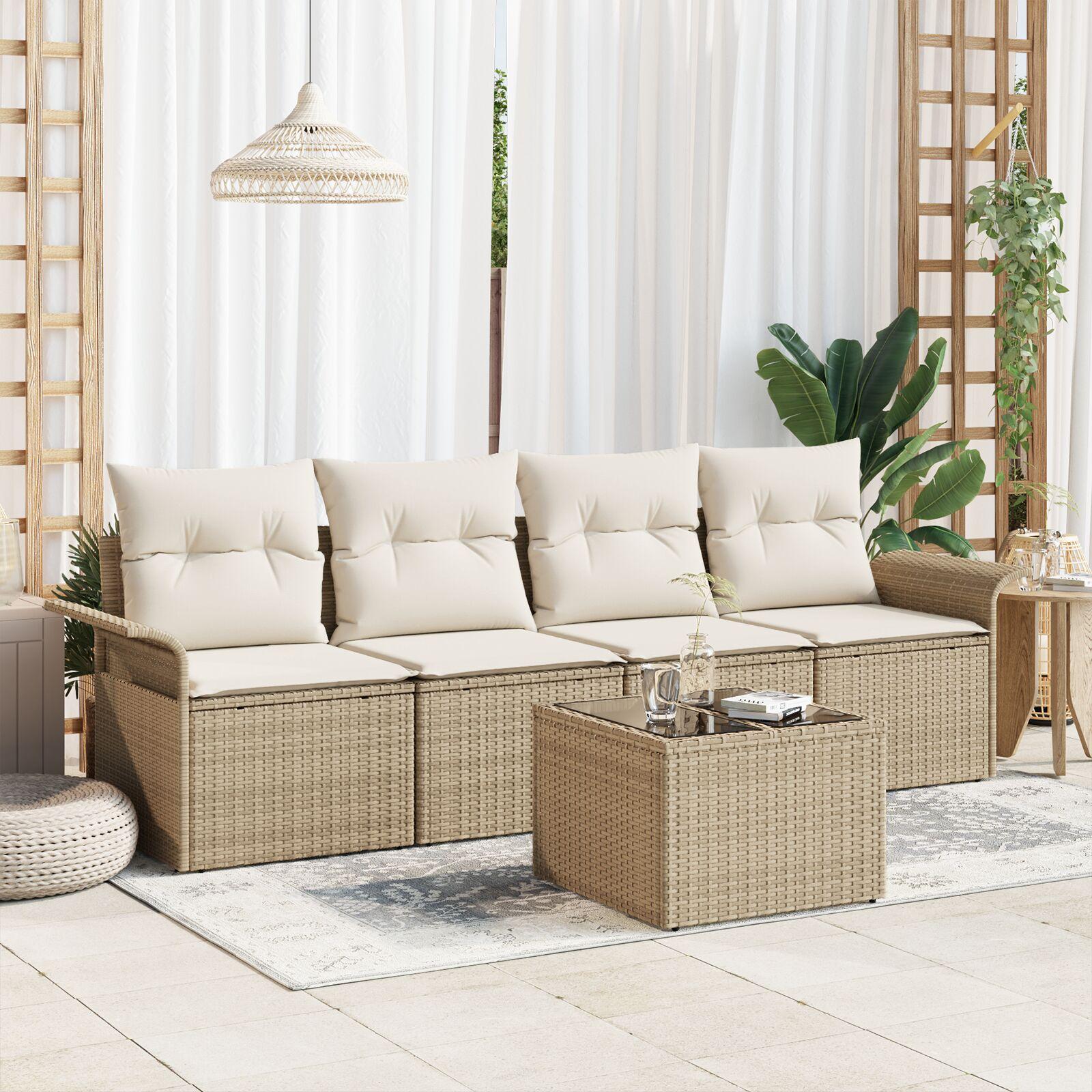 Havemøbelsæt med puder 5 dele i beige polyrattan