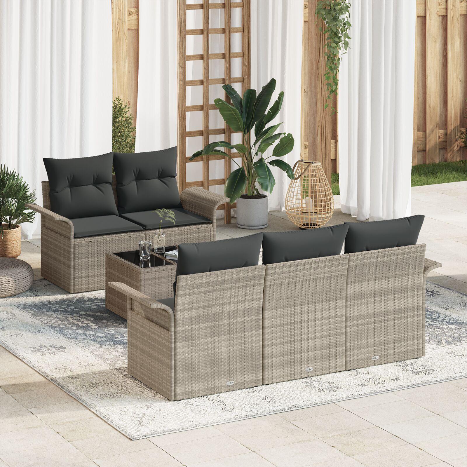 Sofa sæt med puder - 6 dele i lysegrå polyrattan, modulopbygget havemøbelsæt