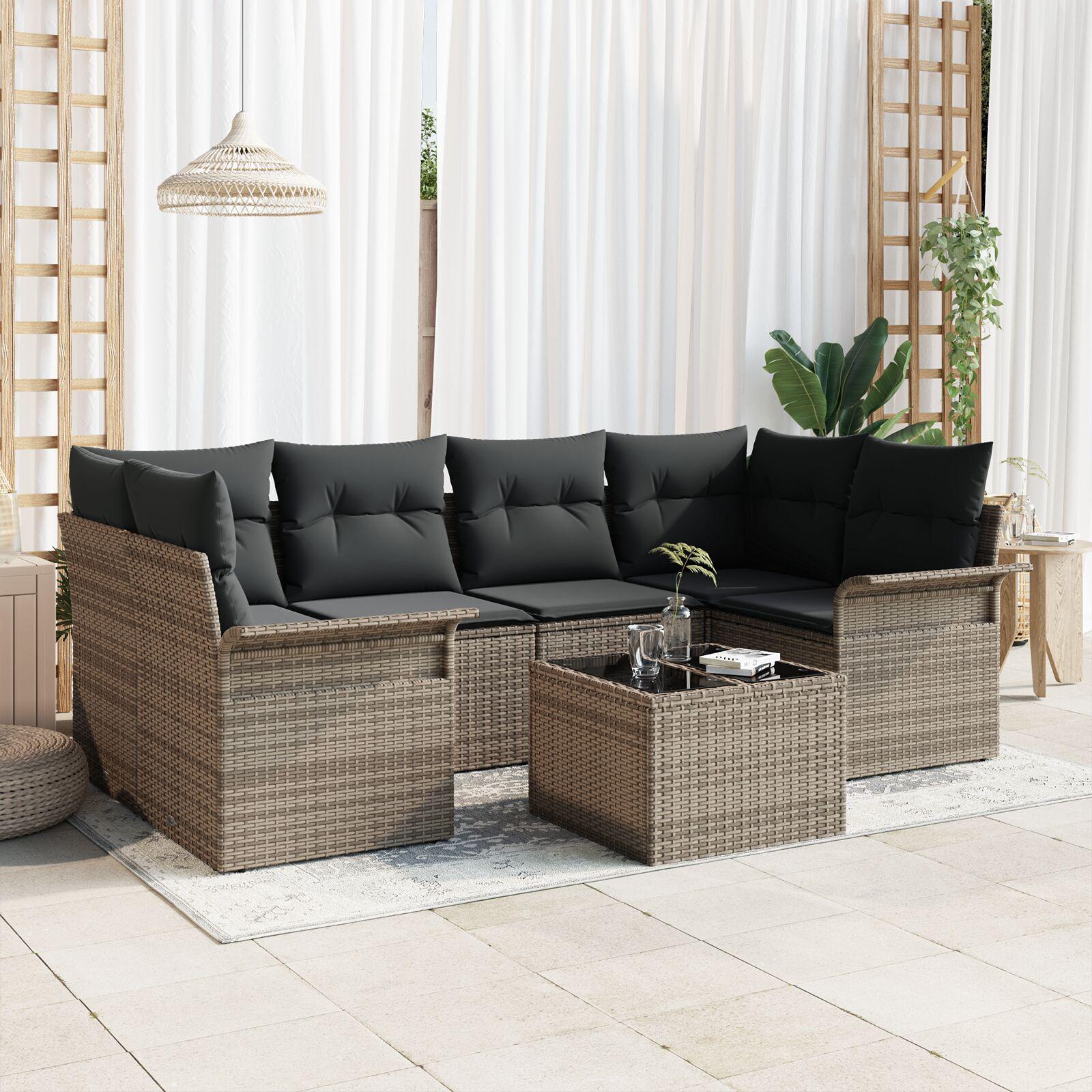 Havesofa Sæt Med Pude 7 Dele Polyrattan - Grå