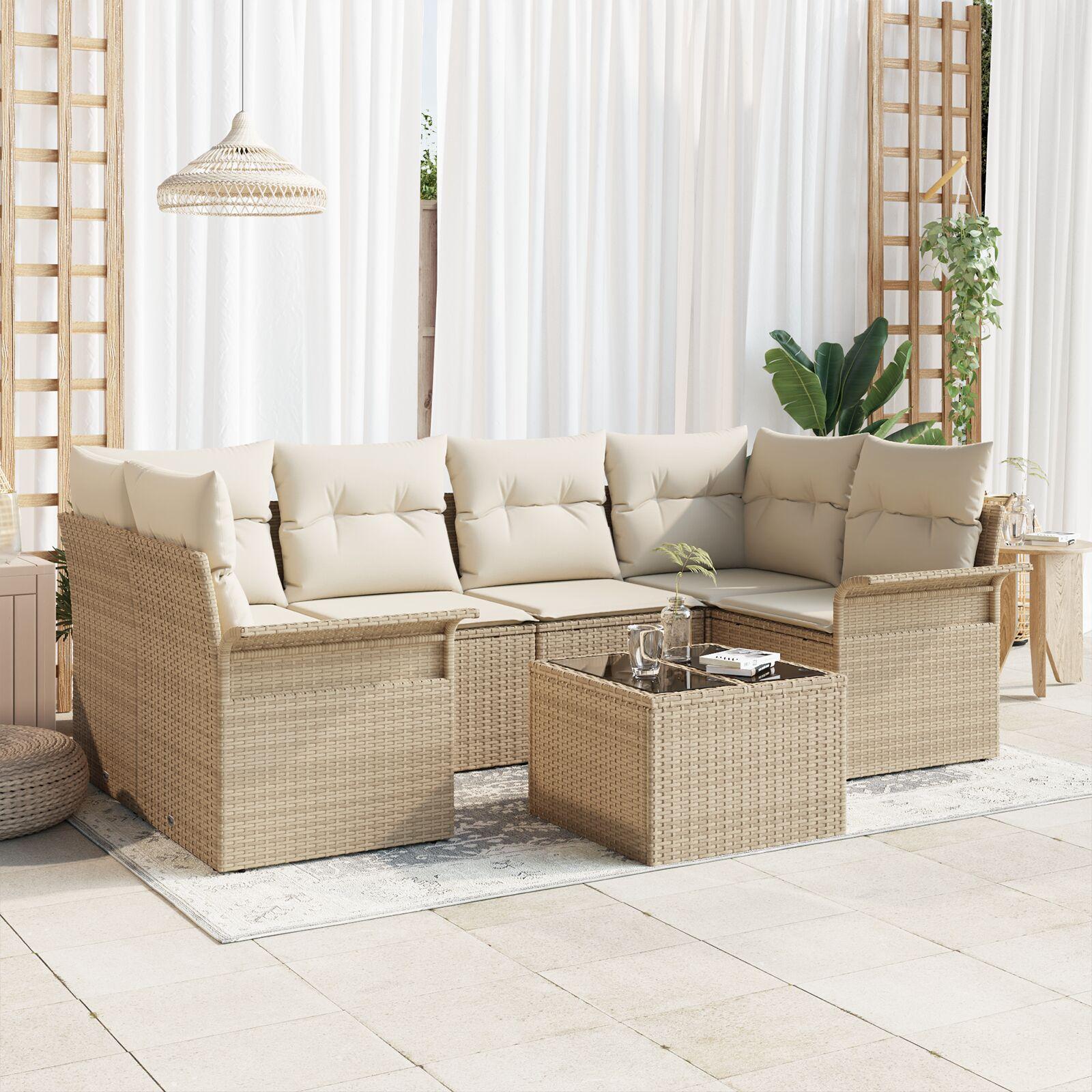 Havesofa sæt 7 dele i beige polyrattan med bord
