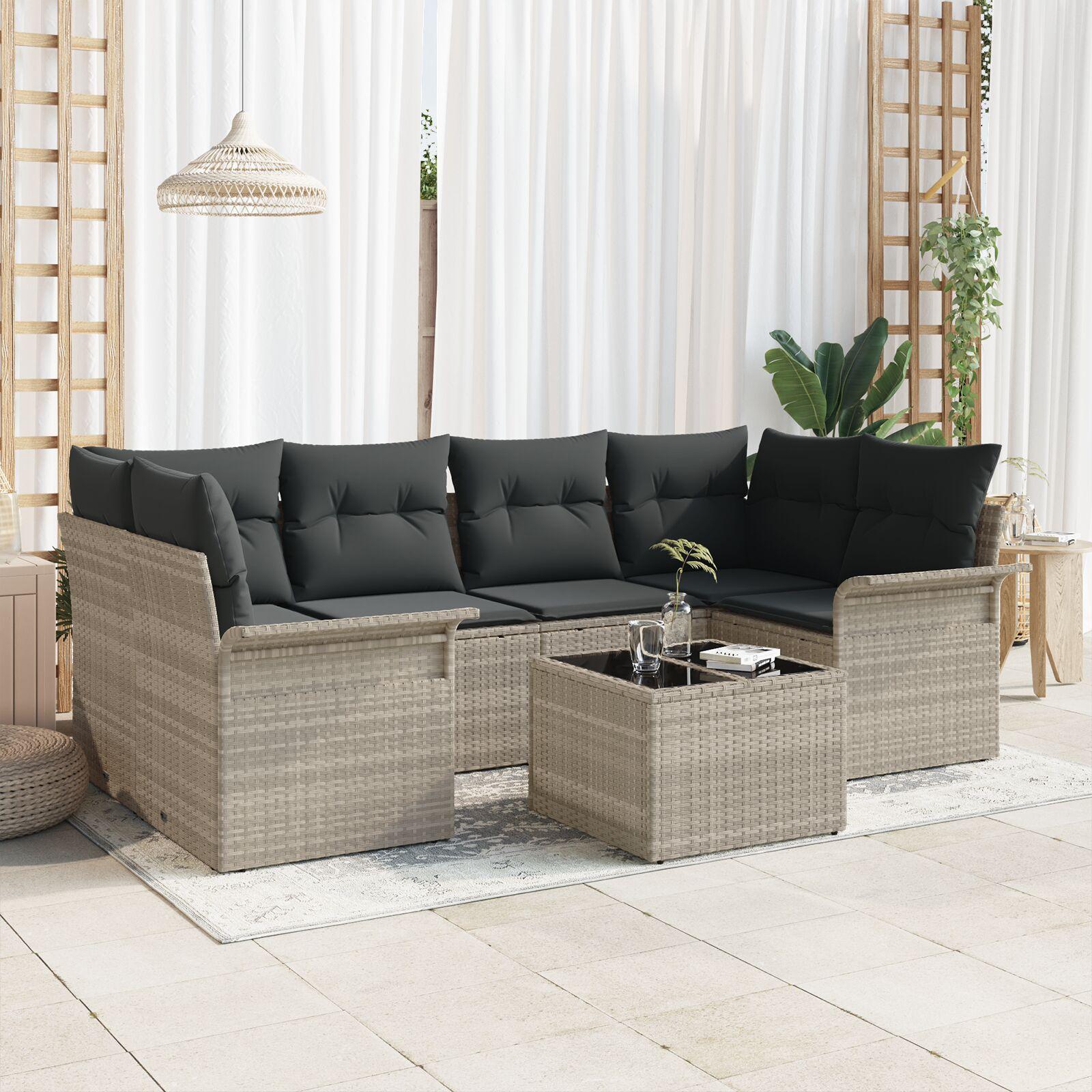 Havesofa sæt i lysegrå polyrattan - 7 dele med puder og bord