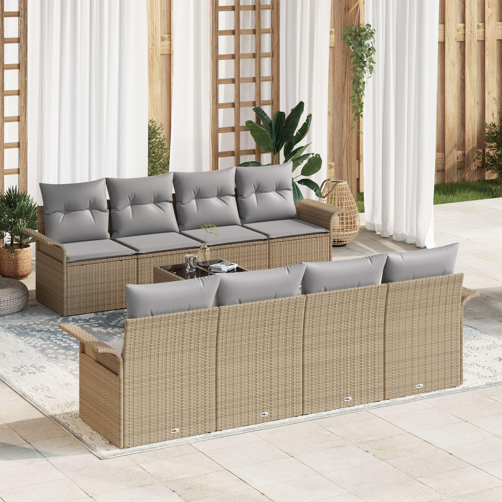 Havesofa sæt 9 dele i beige polyrattan - modulært loungesæt med bord
