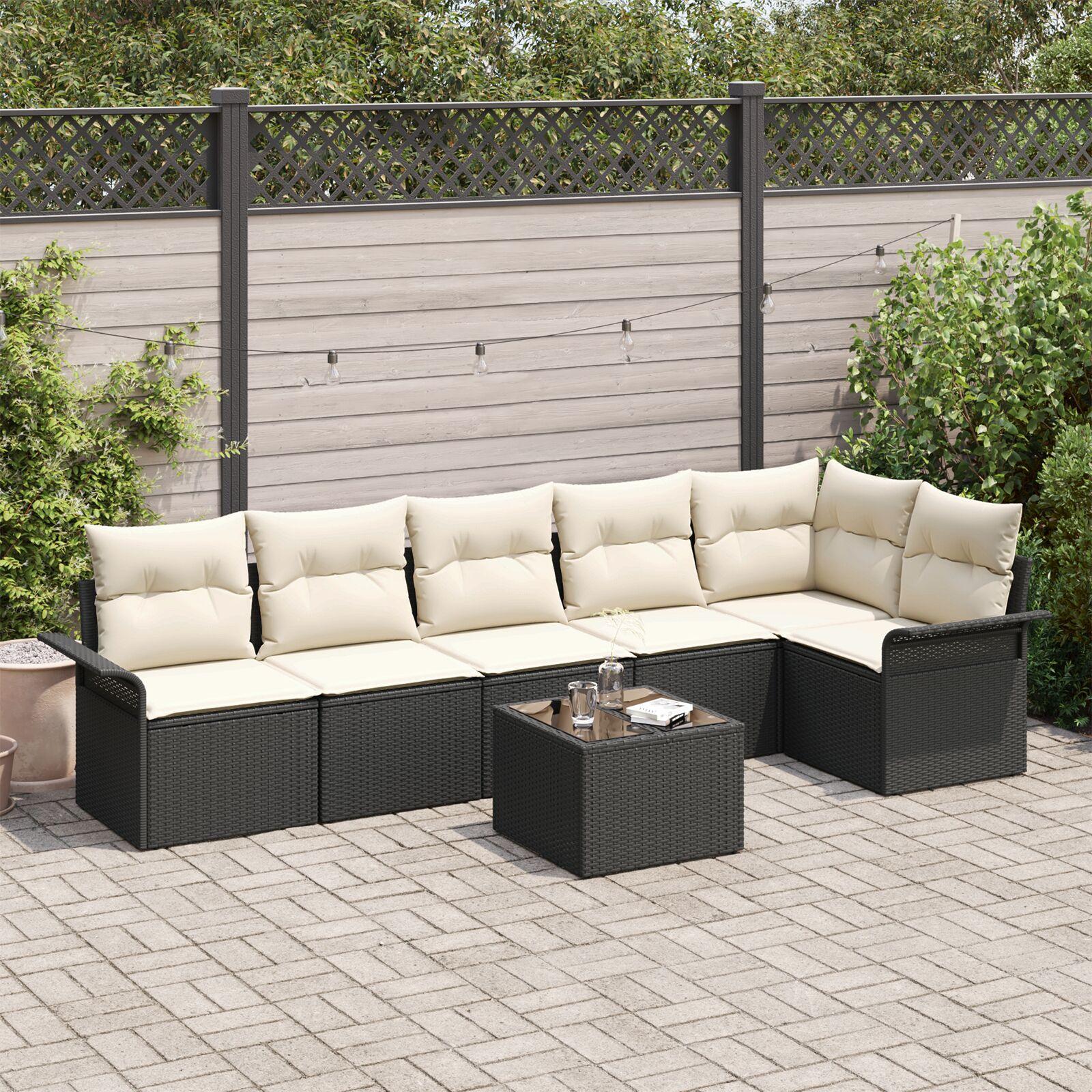 Havesofa Sæt med pude 7 stk Sort Poly rattan
