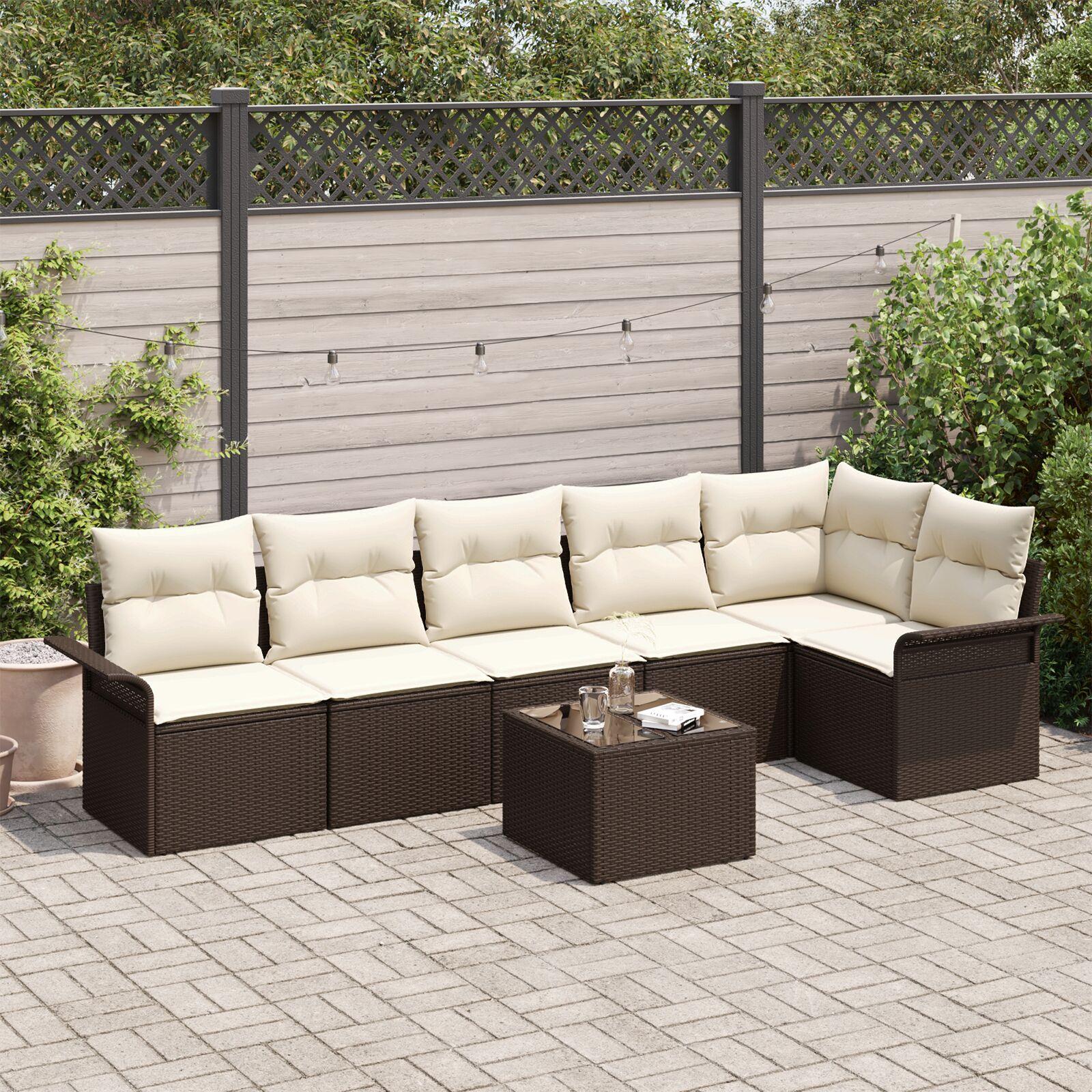 Havesofa Sæt med pude 7 stk Brun Poly rattan