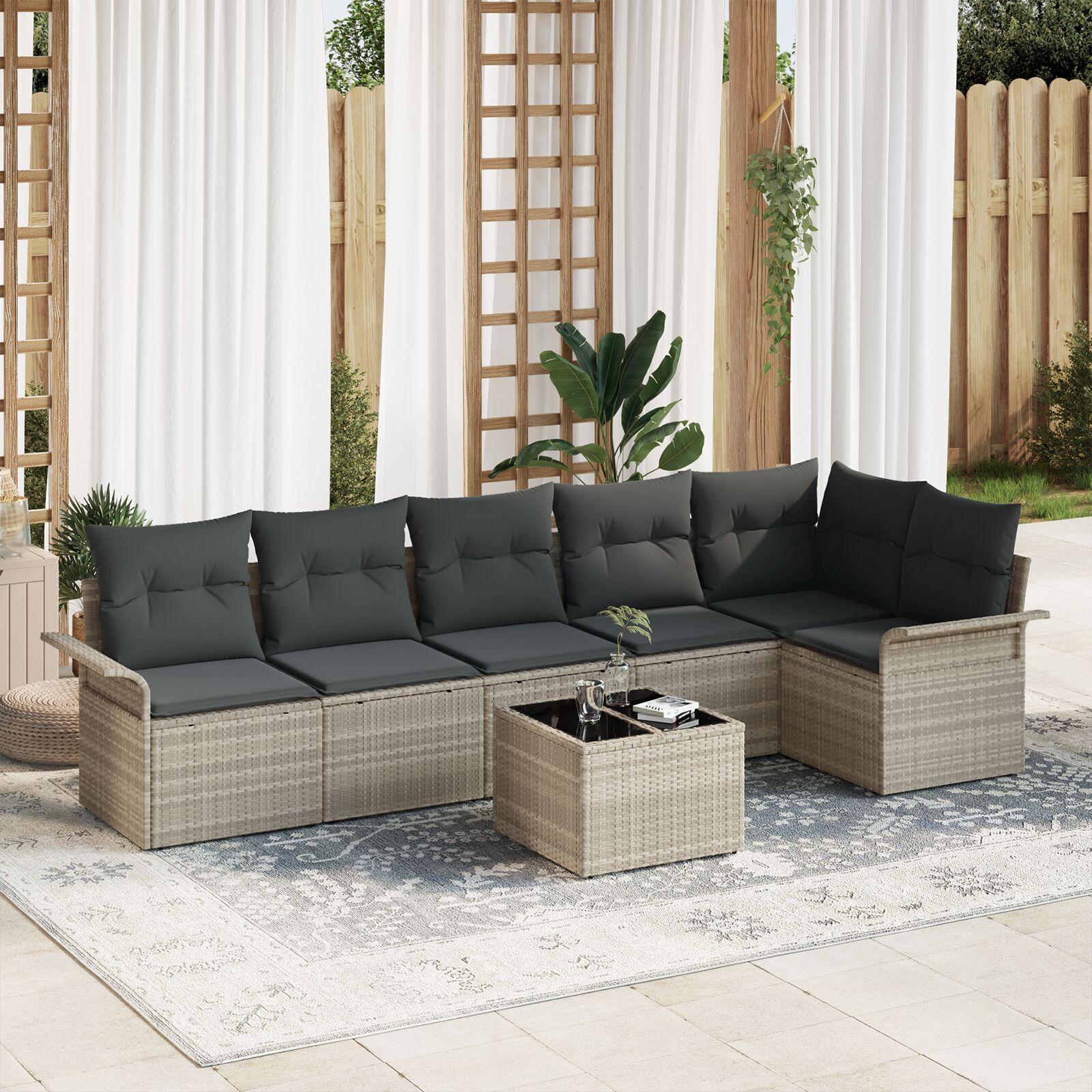 Havesofa Sæt med pude 7 stk Lysegrå Poly rattan