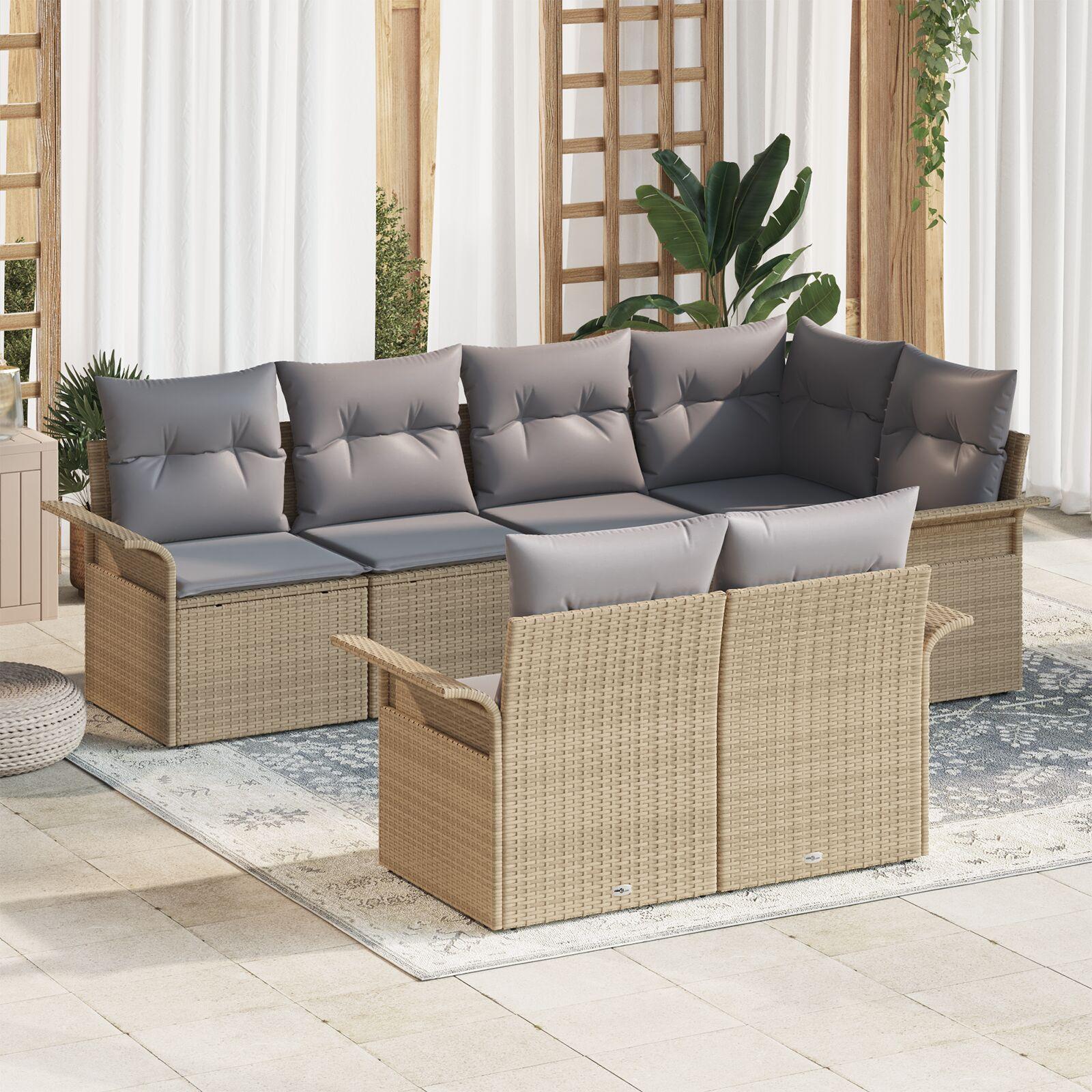 Havesofa Sæt med pude 7 stk Beige Poly rattan