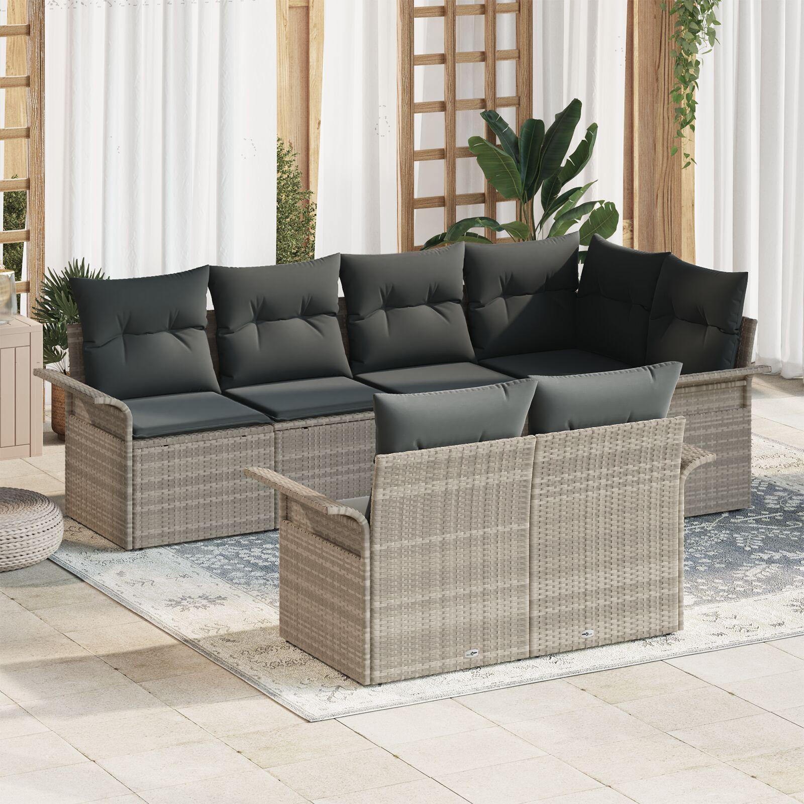 Havesofa Sæt med pude 7 stk Lysegrå Poly rattan