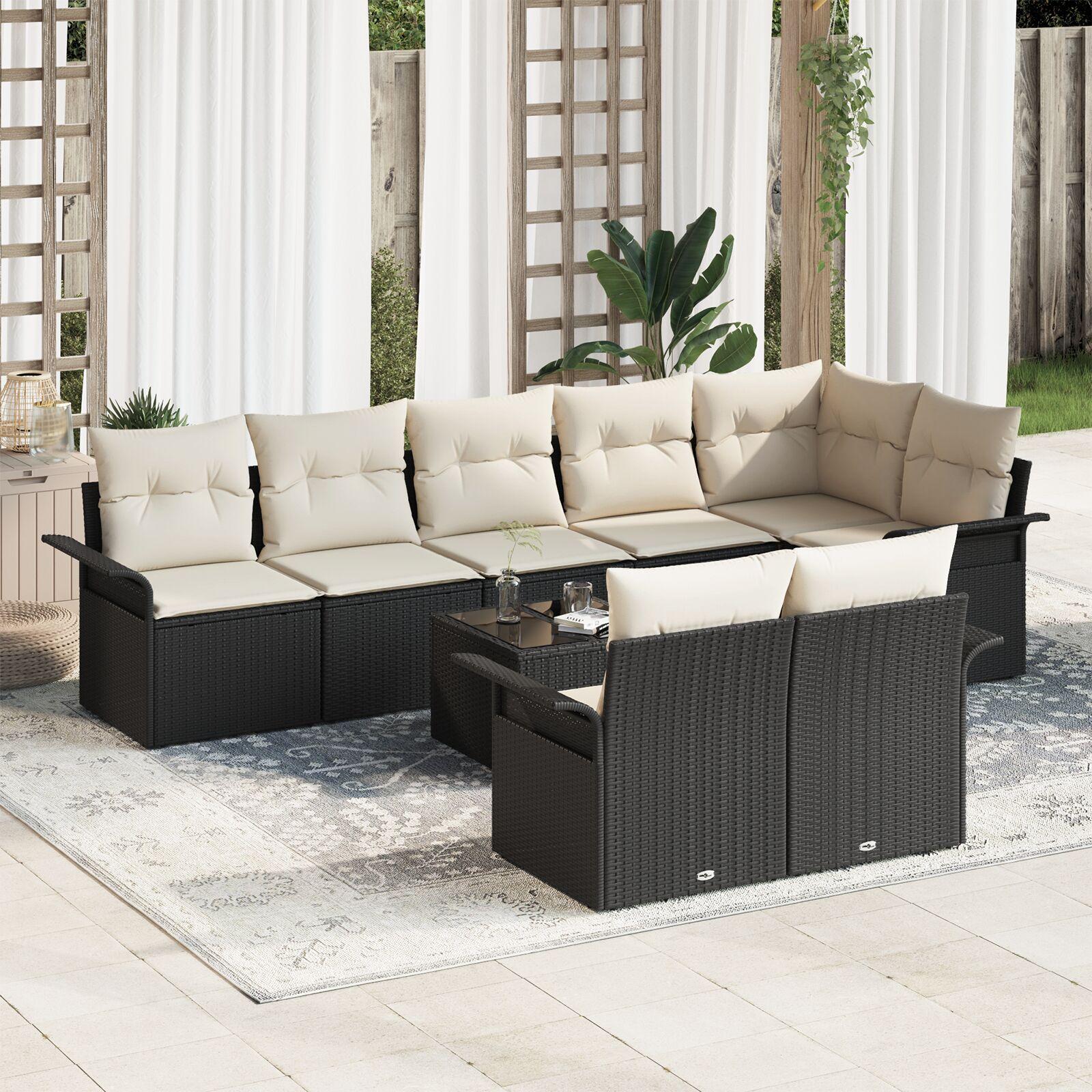 Havesofa Sæt med pude 9 stk Sort Poly rattan