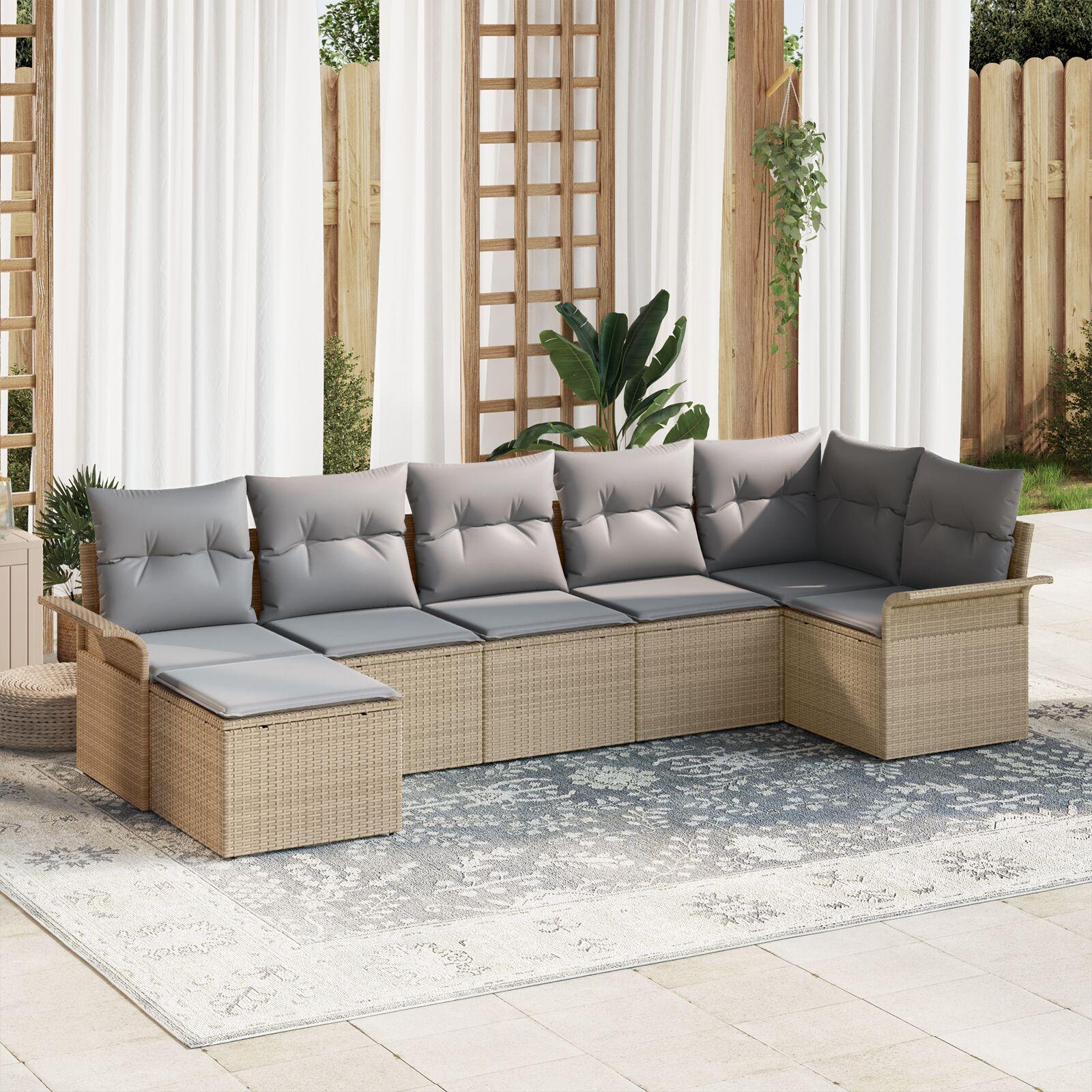 Havesofa Sæt med pude 7 stk Beige Poly rattan