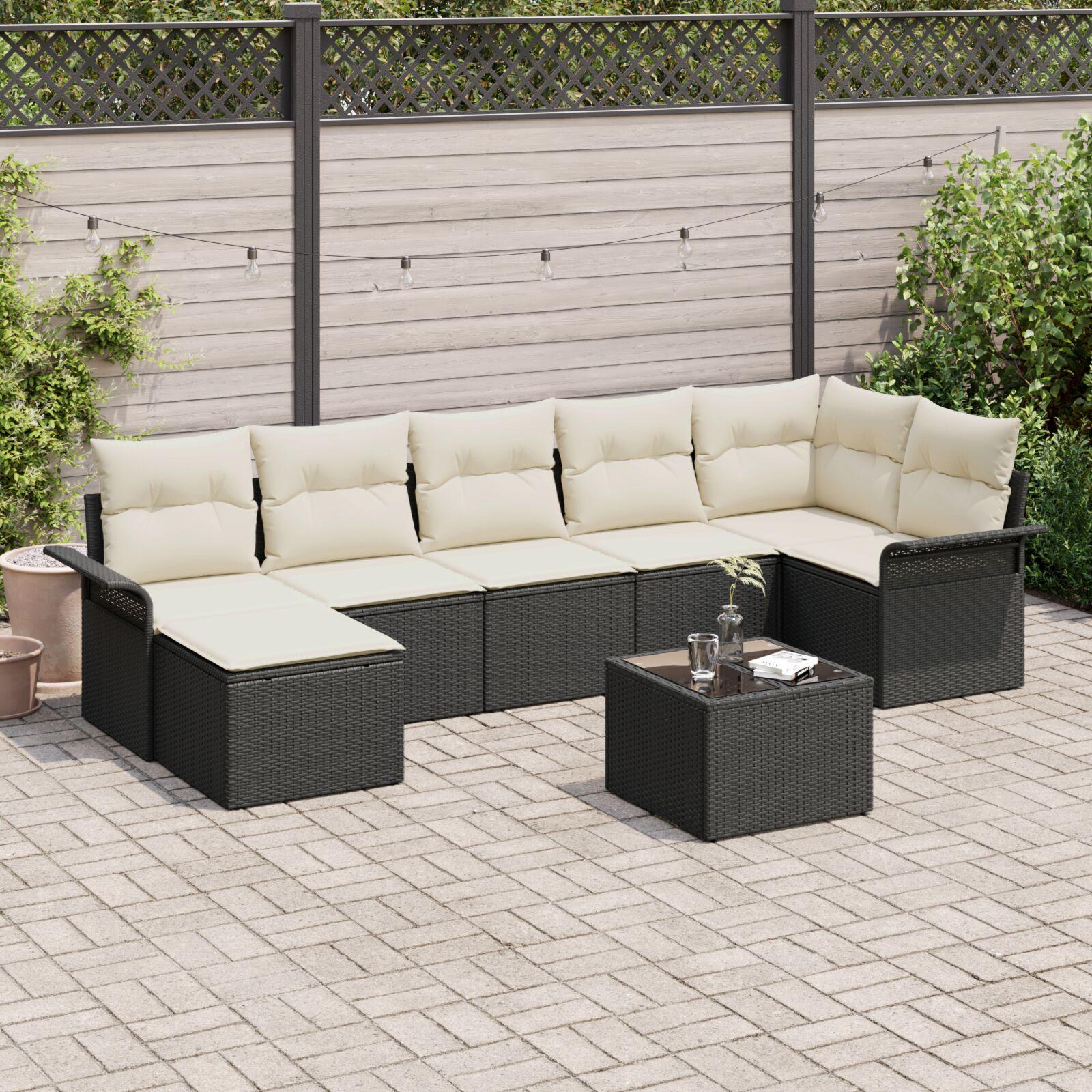 Havesofa Sæt med pude 8 stk Sort Poly rattan