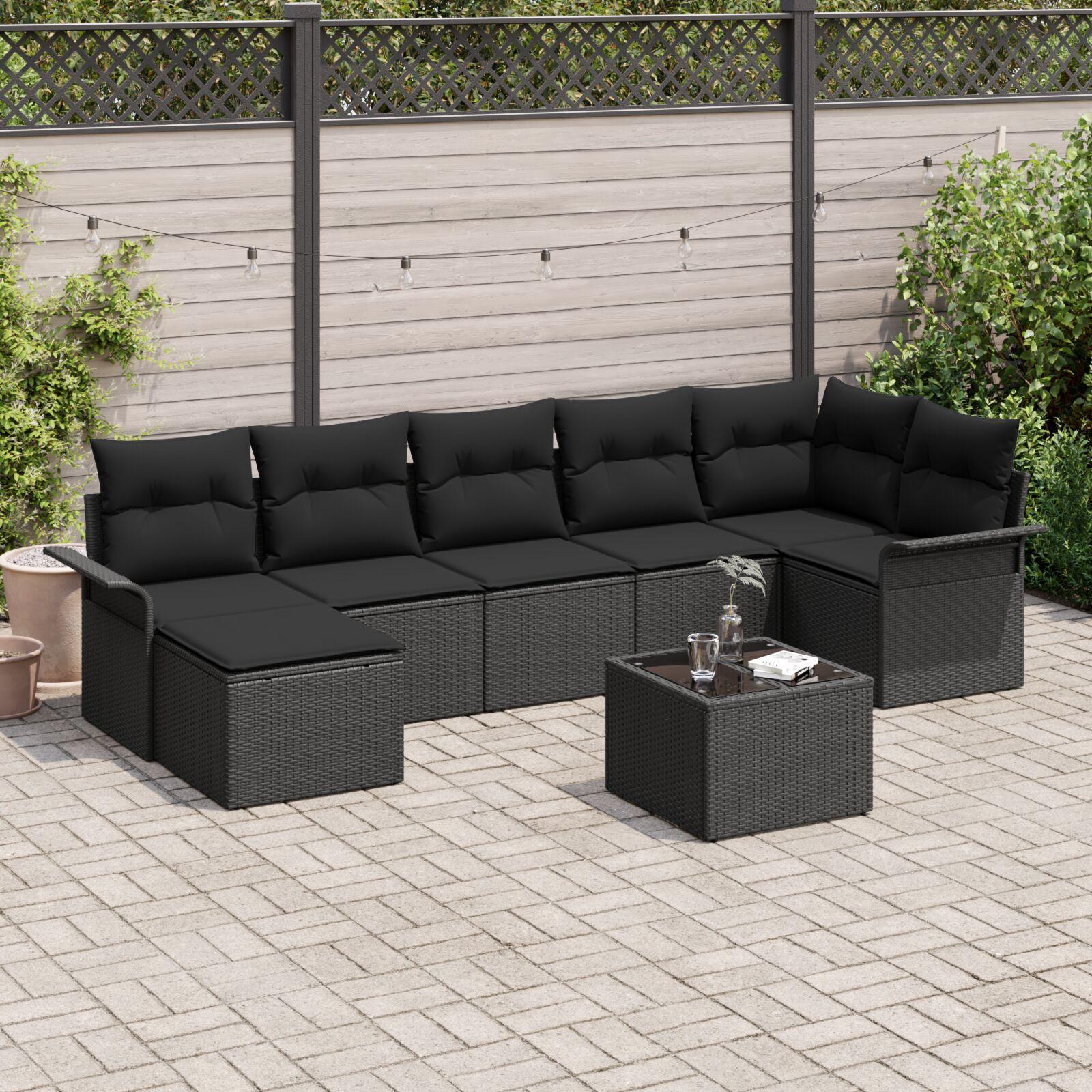 Havesofa Sæt med pude 8 stk Sort Poly rattan